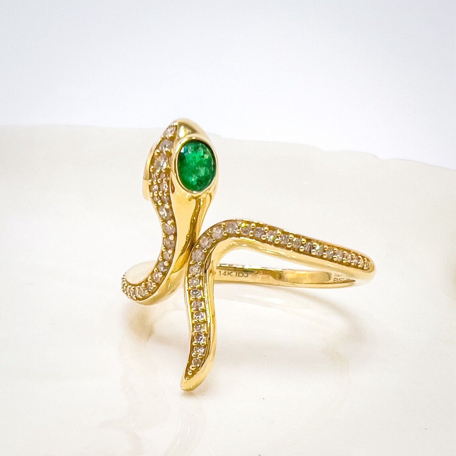 🐍Genuine Emerald & Diamond 14k Yellow Gold Snake Ring, New, Size7.5