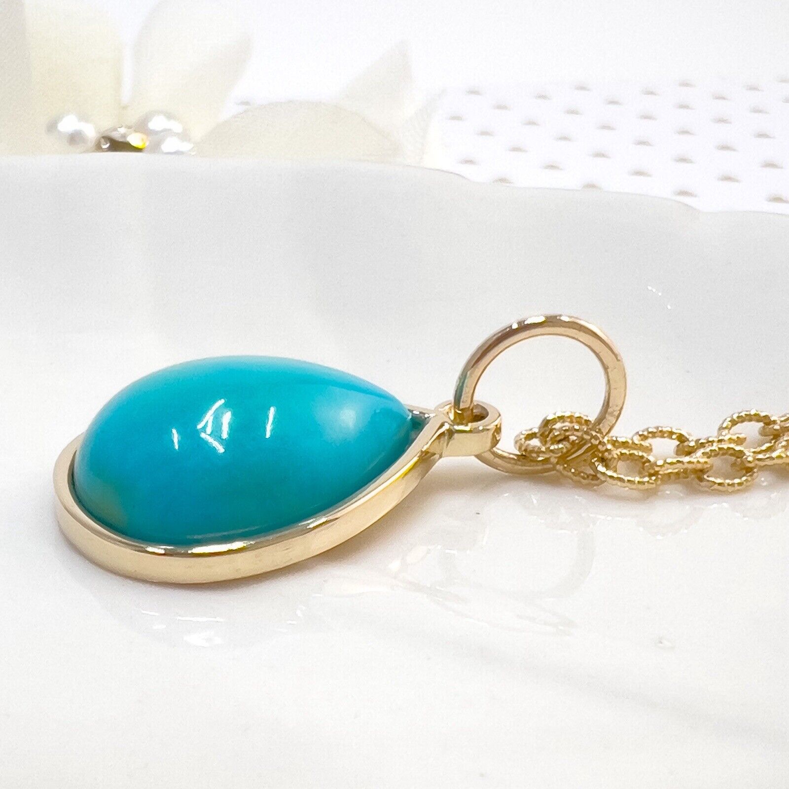 Natural Persian Turquoise 14k Yellow Gold Drop Pendant, Unisex, Handcrafted