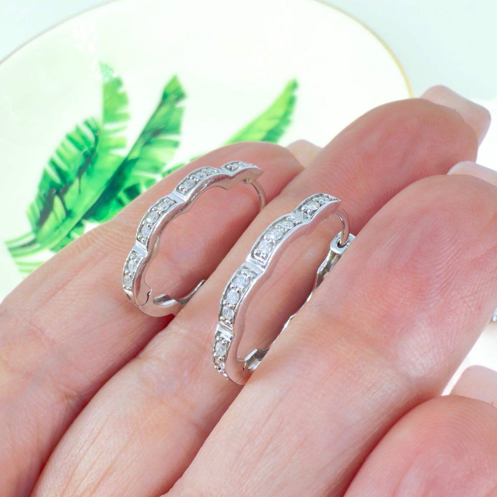 14K White Gold & Genuine Diamond Scalloped Oval Hoop Earrings, New