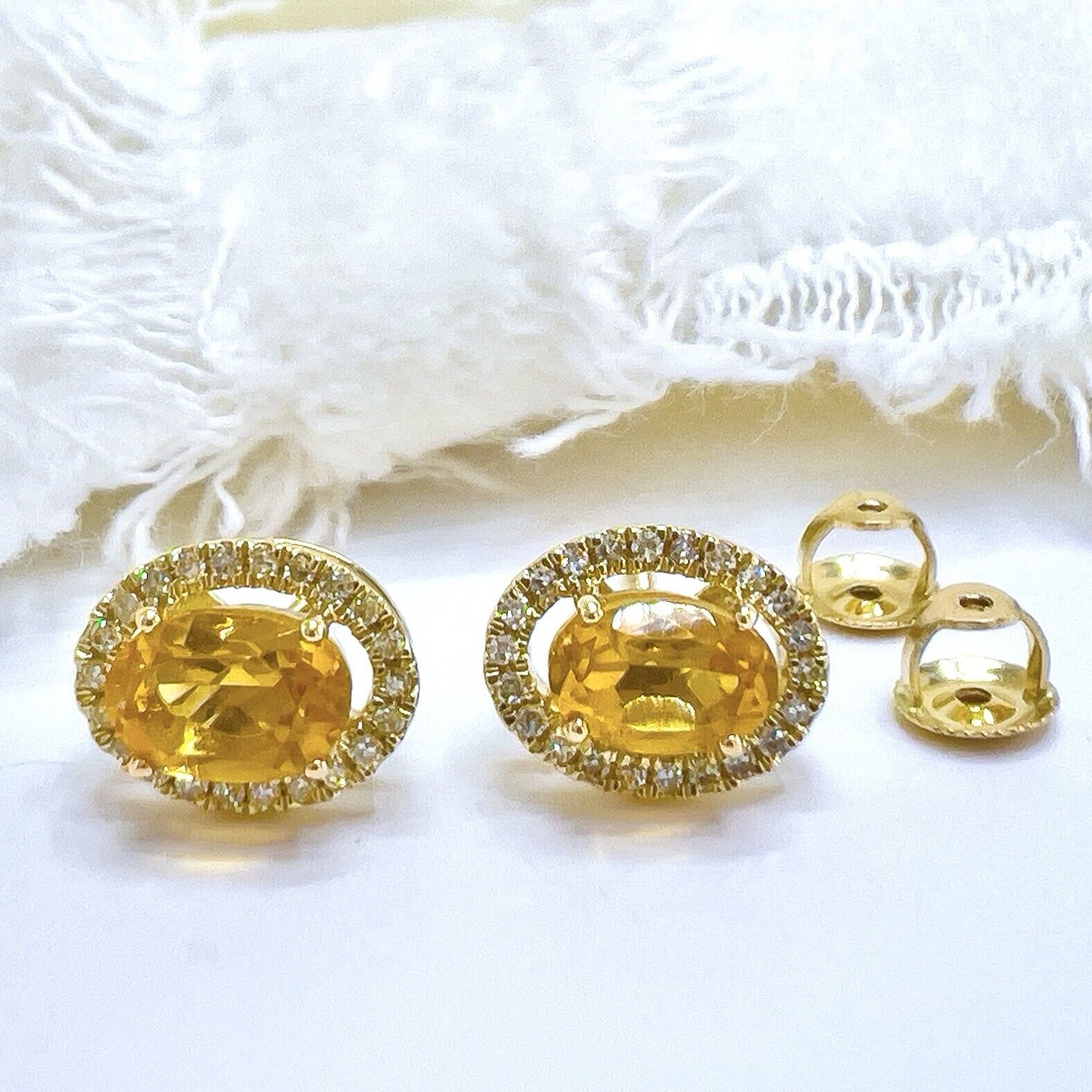 10k Yellow Gold Genuine Citrine & Diamond Halo Stud Earrings, New