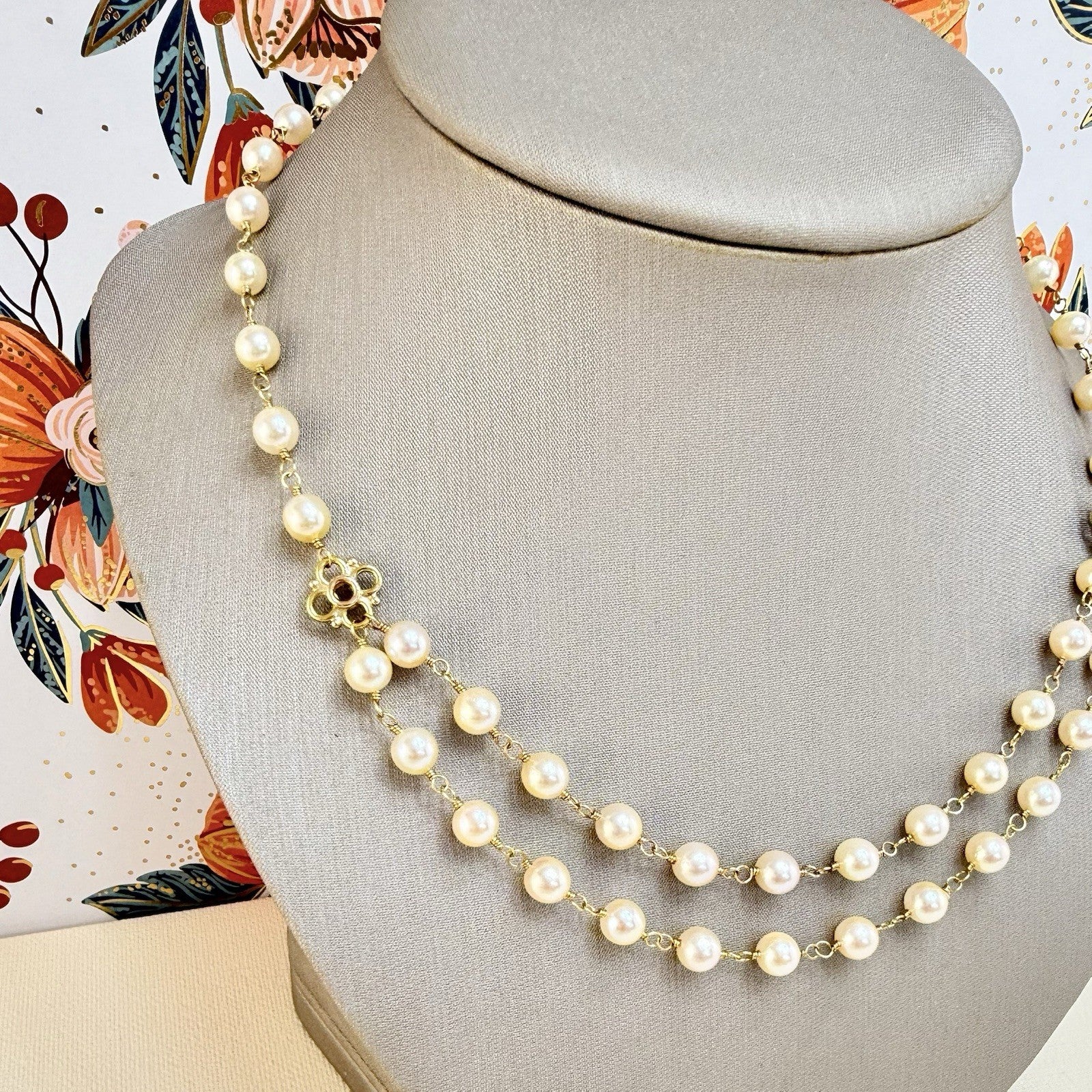 14k Yellow Gold Genuine Akoya Cultured Pearls Handcrafted Necklace, 17-18.75"