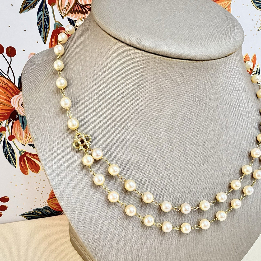 14k Yellow Gold Genuine Akoya Cultured Pearls Handcrafted Necklace, 17-18.75"