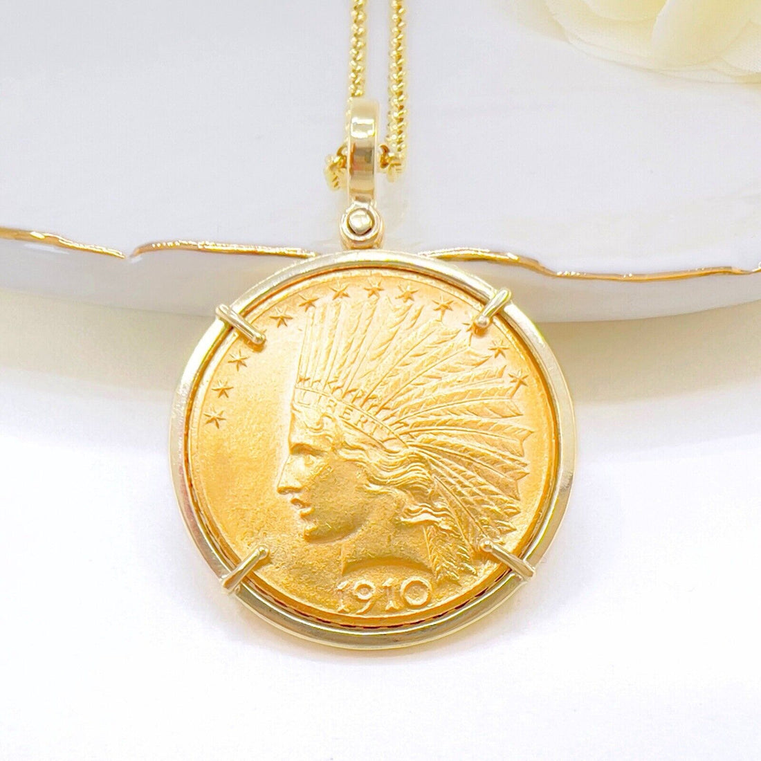 Genuine 1910 US Indian Head 10 Dollar Eagle Gold Coin With 14k Pendant Frame