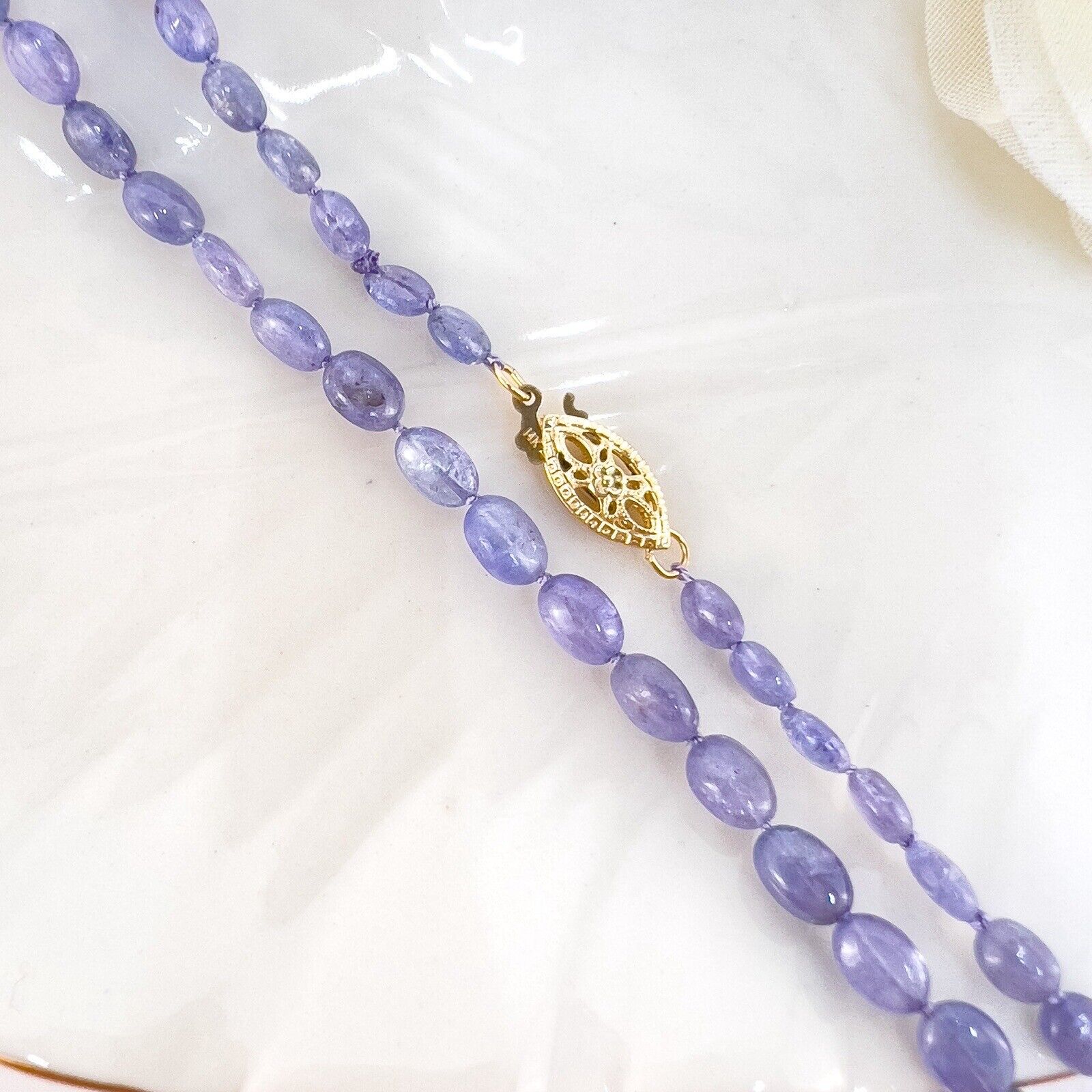 Natural Tanzanite 14k Yellow Gold Beaded Necklace, New 18"