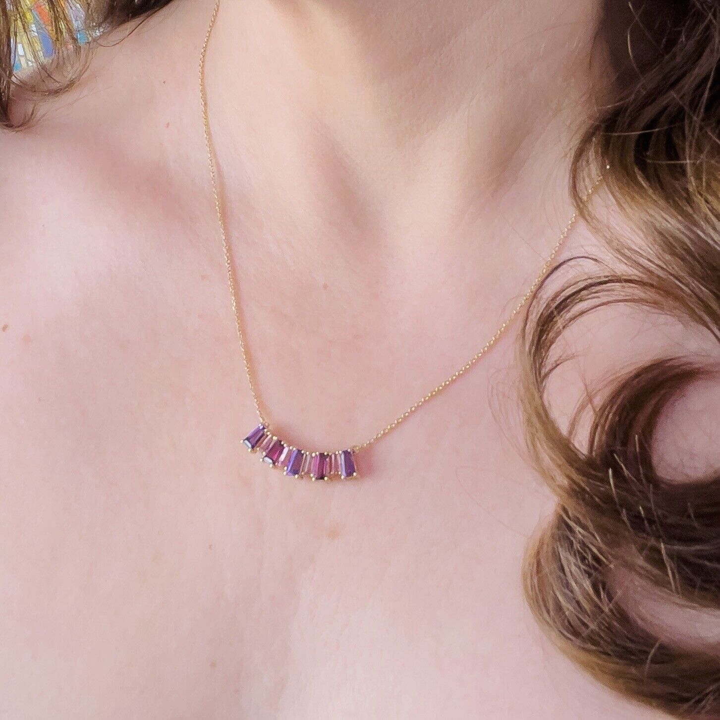 10k Yellow Gold Genuine Garnet & Amethyst Pendant Necklace, Adj. 16-18" New