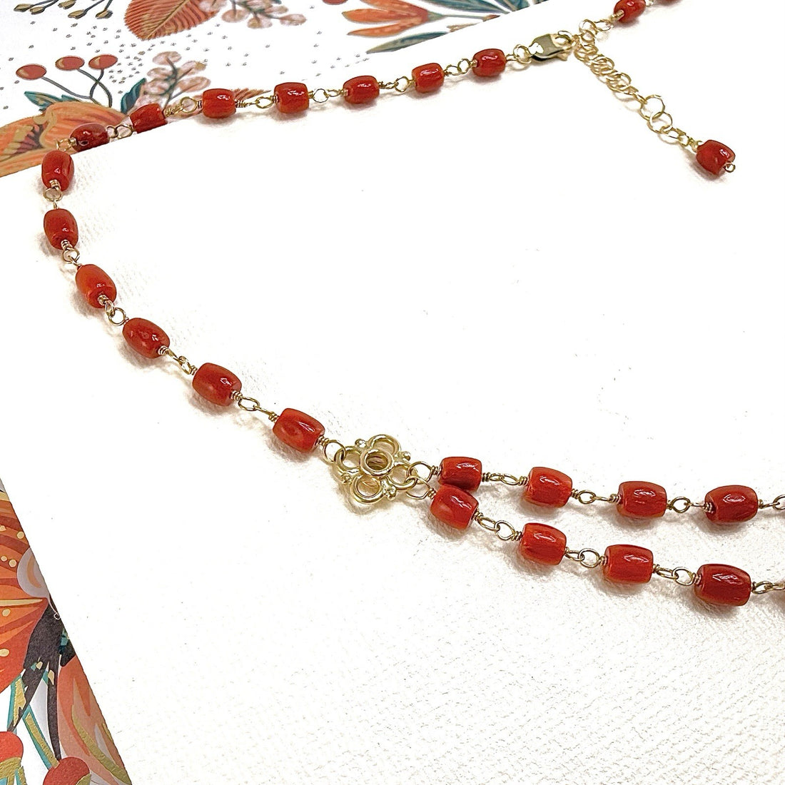 14k Yellow Gold Mediterranean Red Coral Handcrafted Necklace, 18.25-19.75"