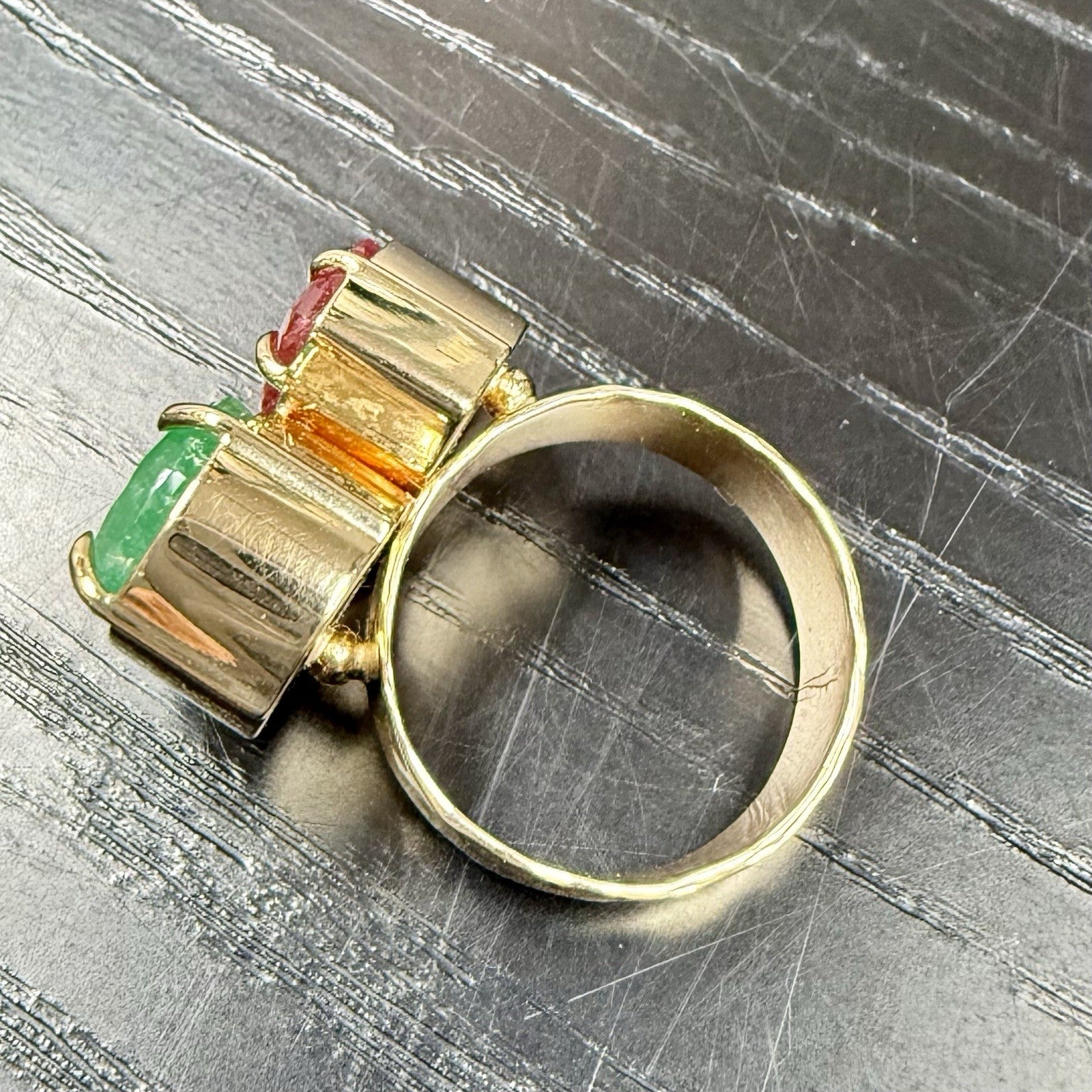 14k Yellow Gold Genuine Emerald & Pink Tourmaline Modernist Ring, New Size 6.5