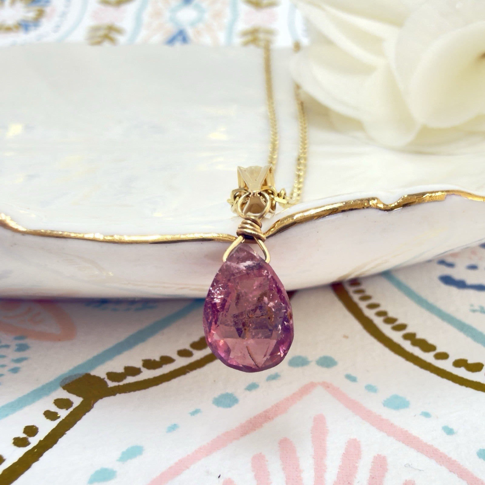 14k Yellow Gold Genuine Pink Tourmaline Drop Pendant, 0.75" New