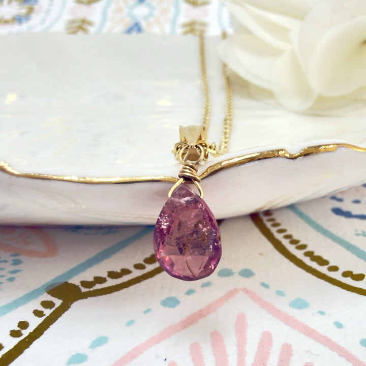 14k Yellow Gold Genuine Pink Tourmaline Drop Pendant, 0.75" New