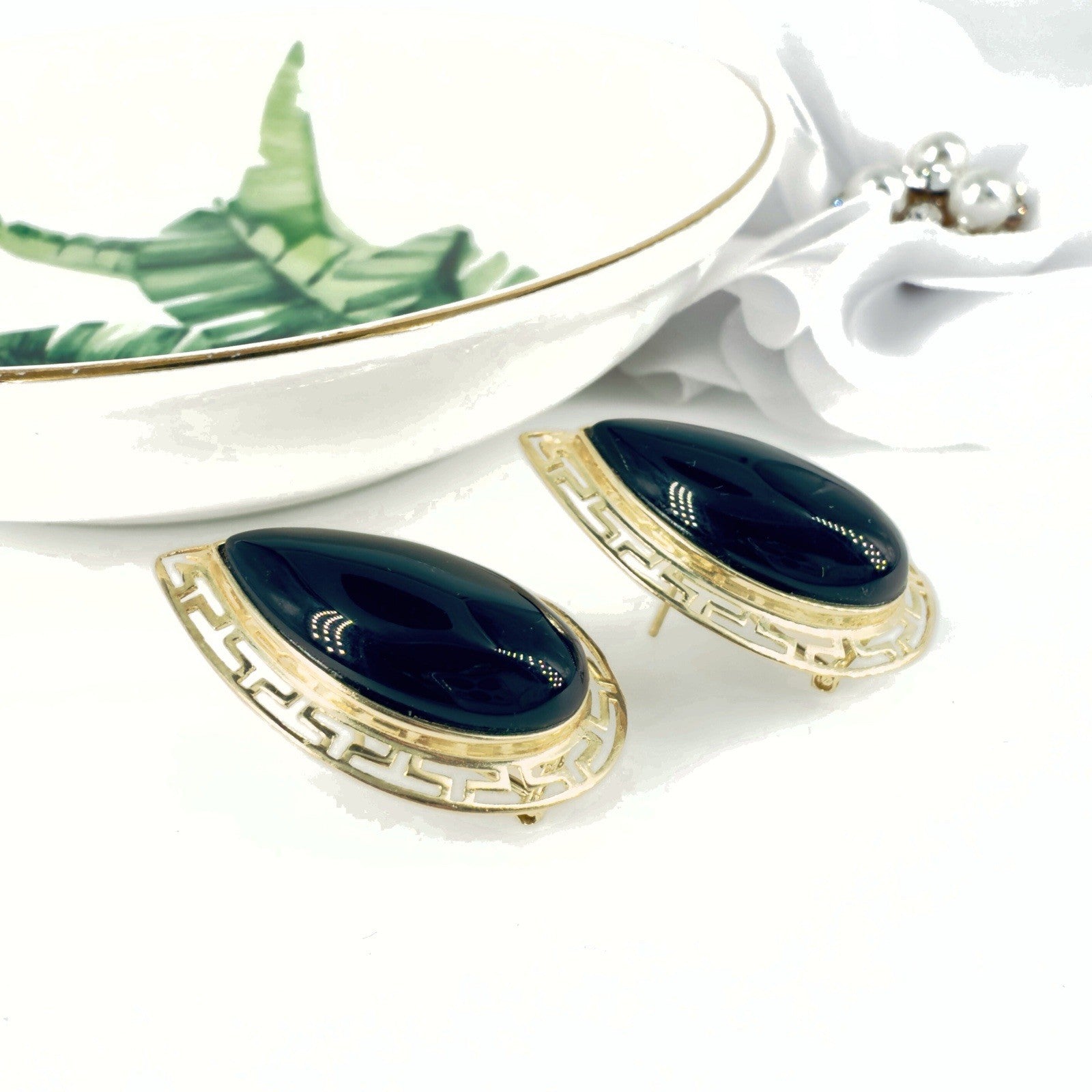 14k Yellow Gold Black Onyx Omega Back Earrings, Preowned