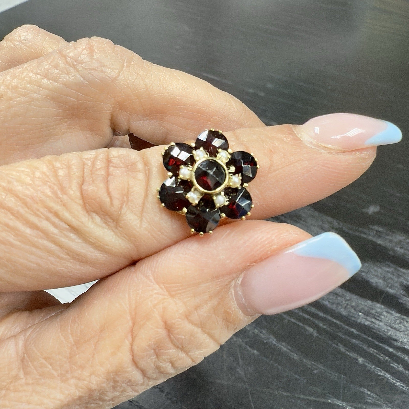 Vintage 10k Yellow Gold Genuine Garnet & Pearl Ring, Size 4