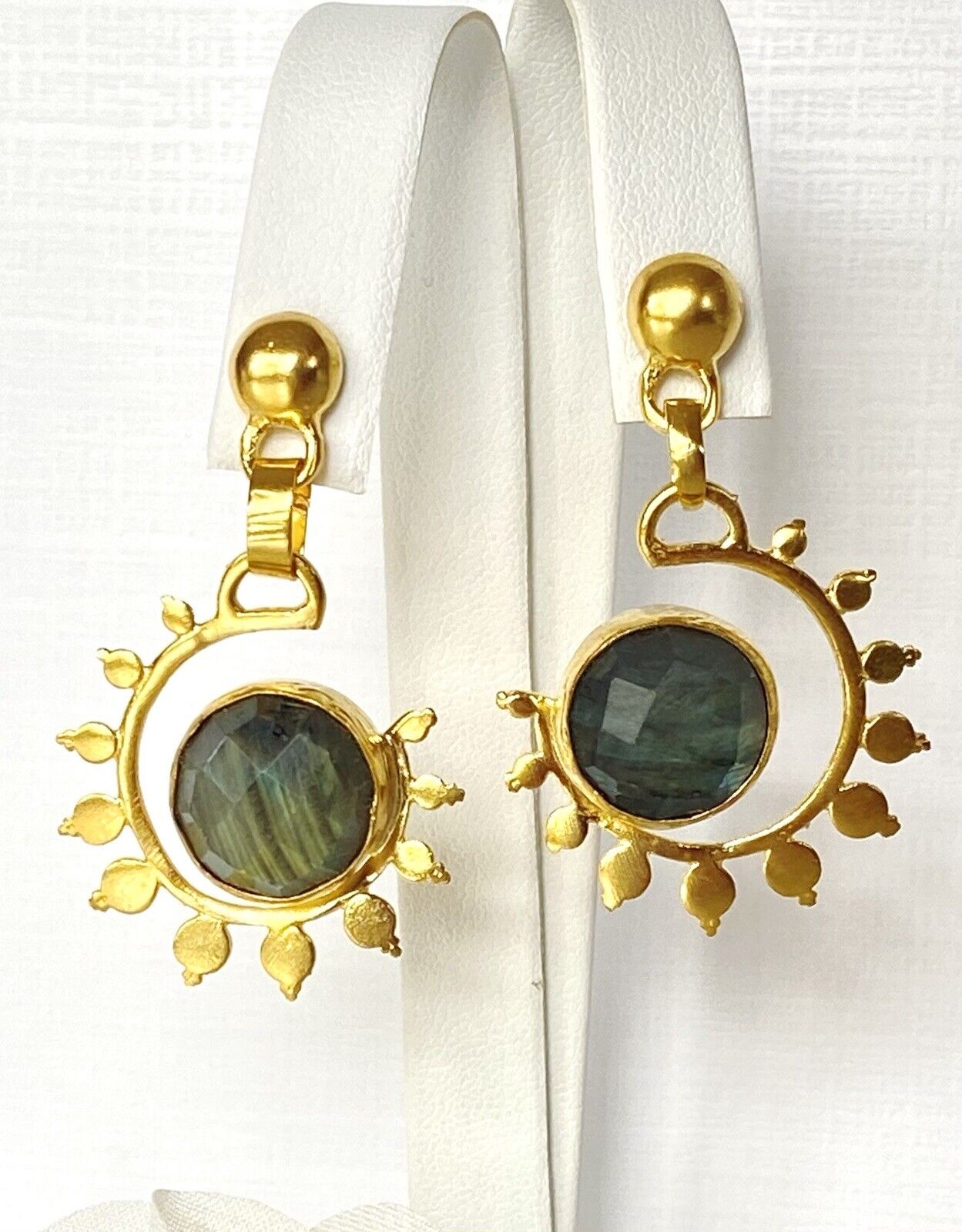 Etruscan Revival Gold Overlay Labradorite Dangle Earrings, New, 1.88"