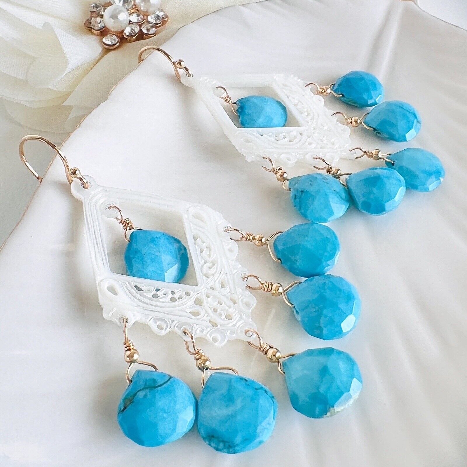 Solid 14k Yellow Gold Natural Turquoise & Mother of Pearl Chandelier Earrings