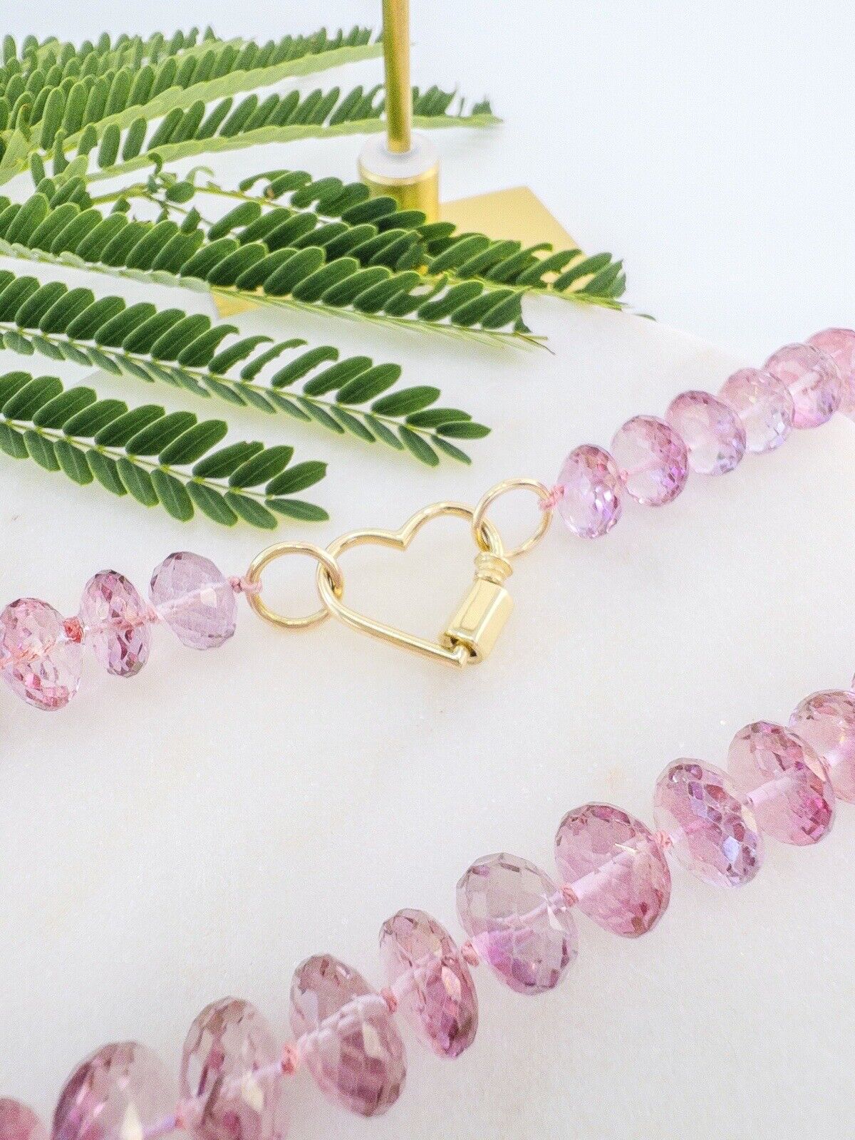 Solid 14k Yellow Gold Heart Clasp & Pink Topaz Necklace, New 17"