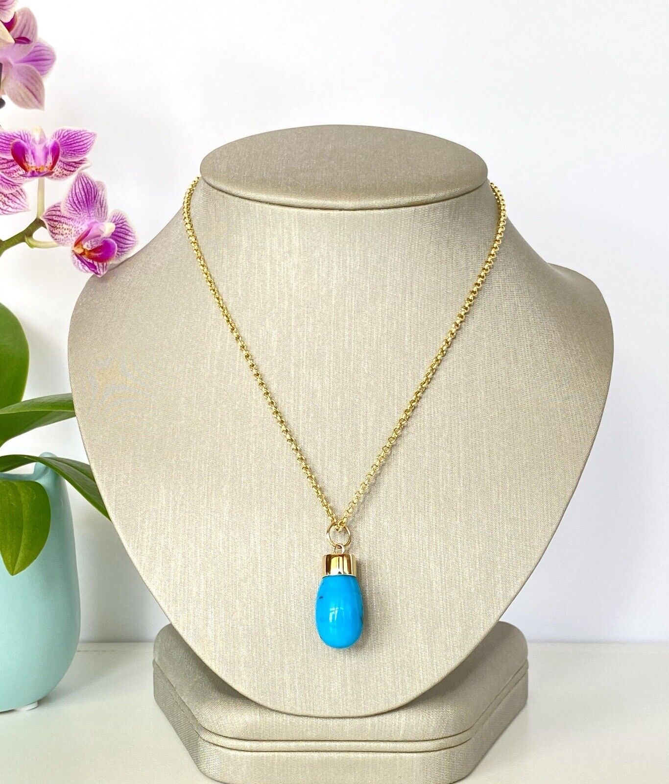 Natural Egyptian Turquoise (24ctw) & Solid 14K Yellow Gold Pendant, New 1.32" #1