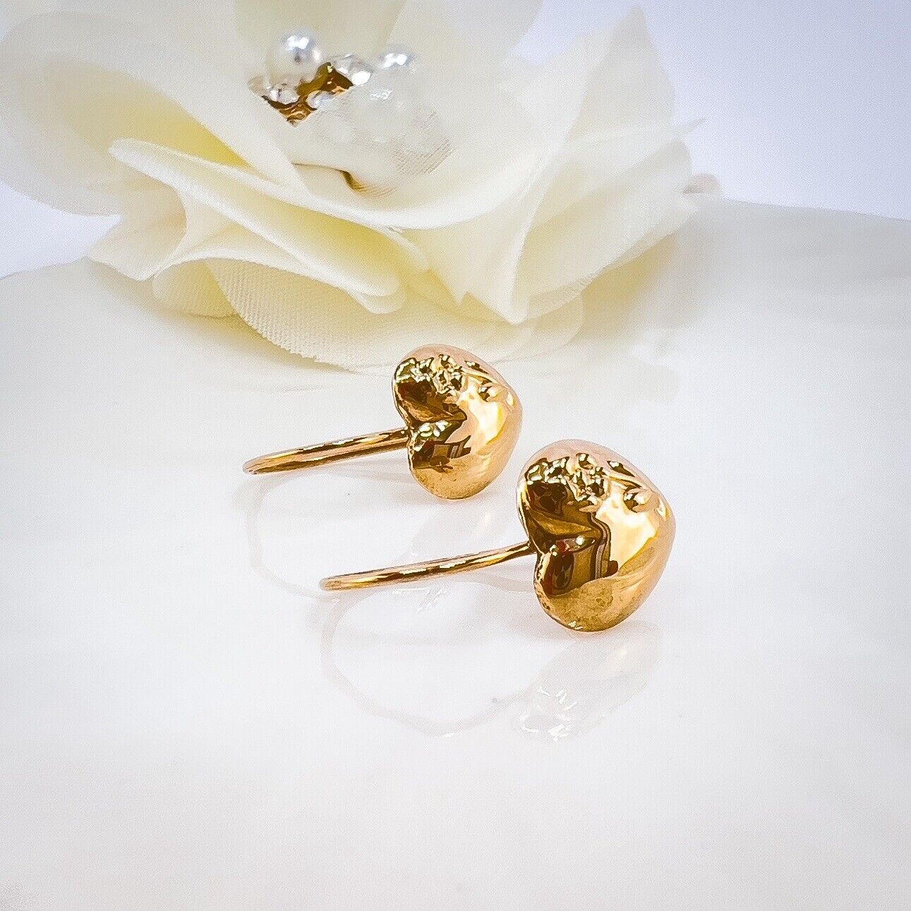 Antique 14k Rose Gold Repoussé Flower Heart Design Dangle Hook Earrings