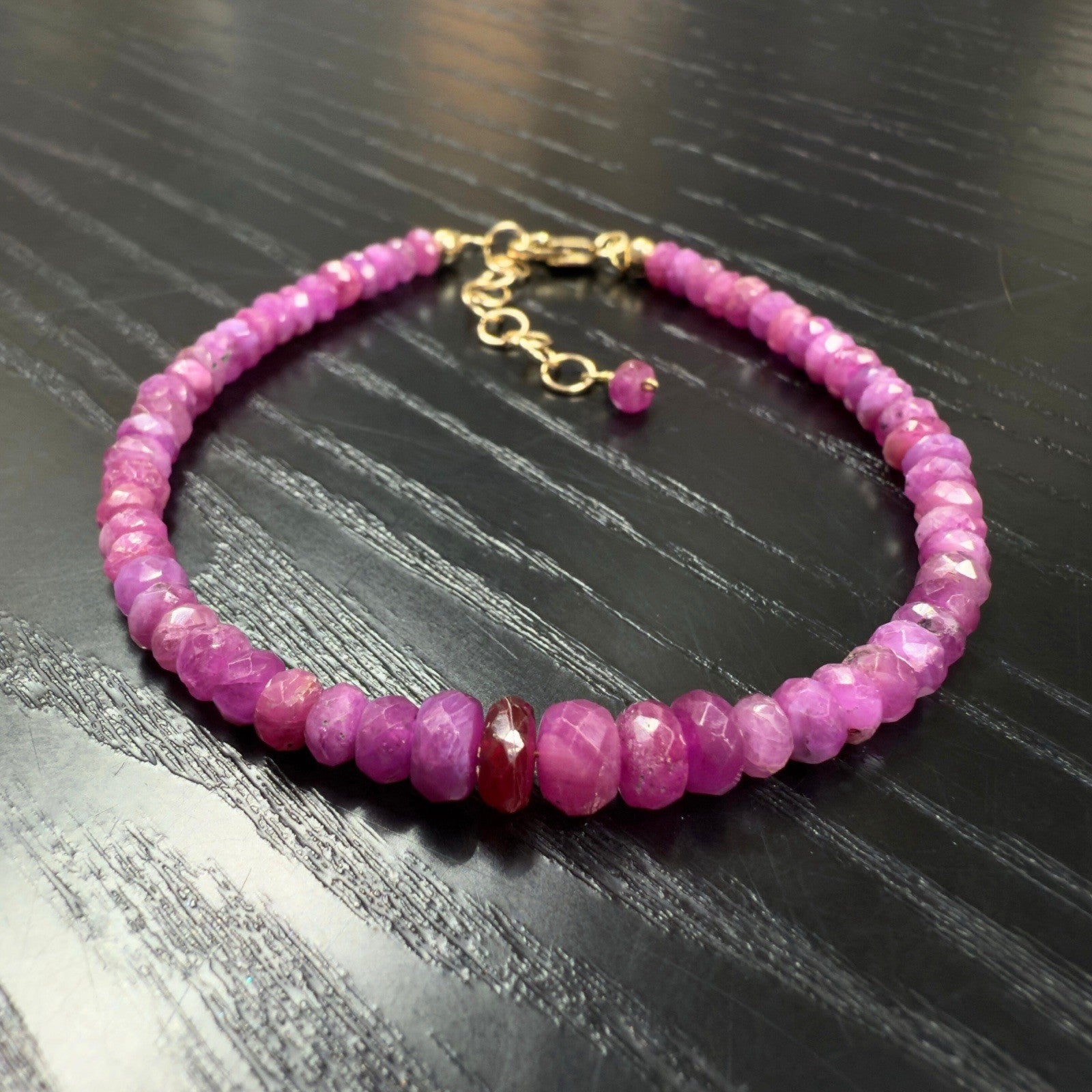 14k Yellow Gold Multitone Ruby Bracelet, Adjustable 6.75-7.75", New