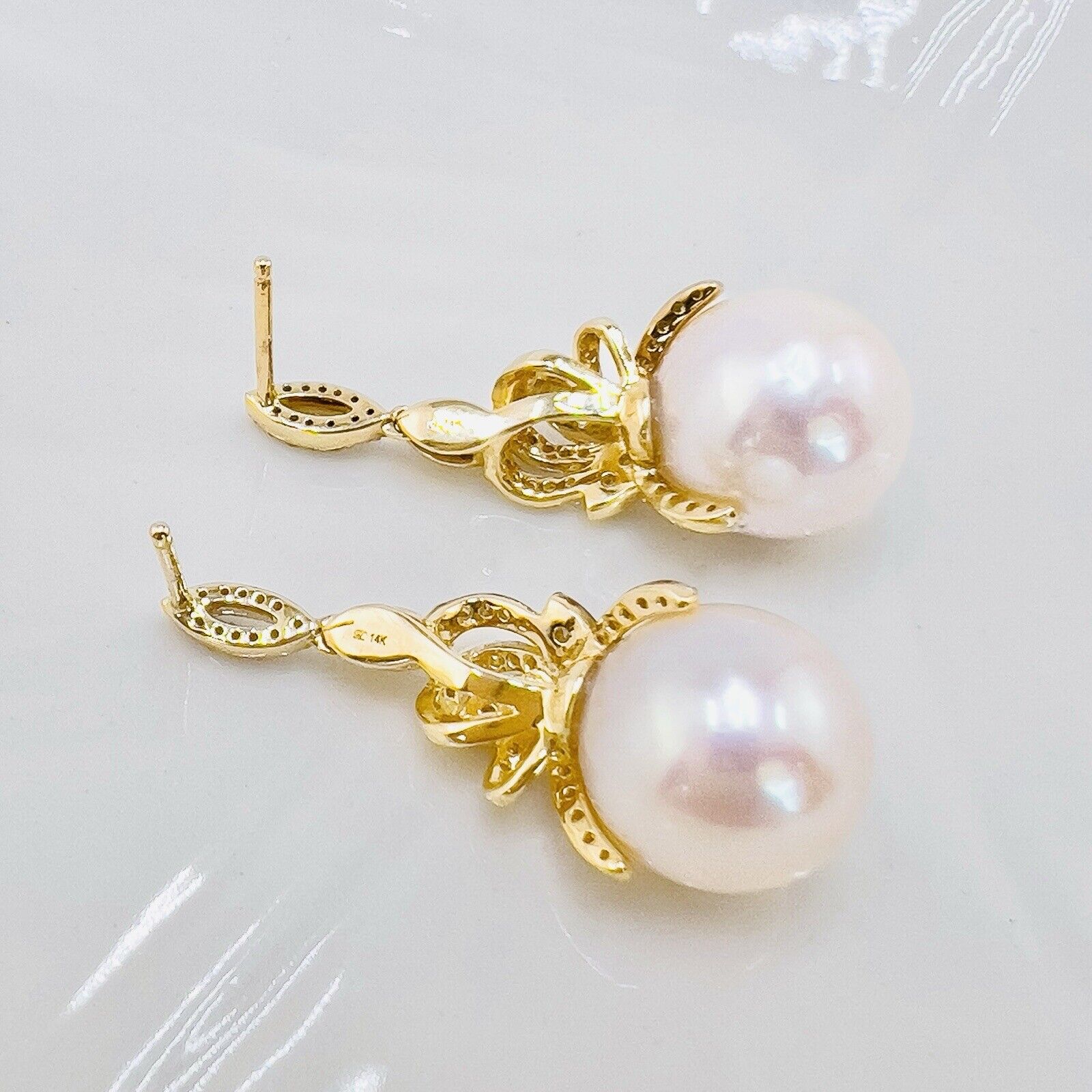 Genuine White Pearl (11.25mm) & Diamond 14k Yellow Gold Dangle Earrings, New