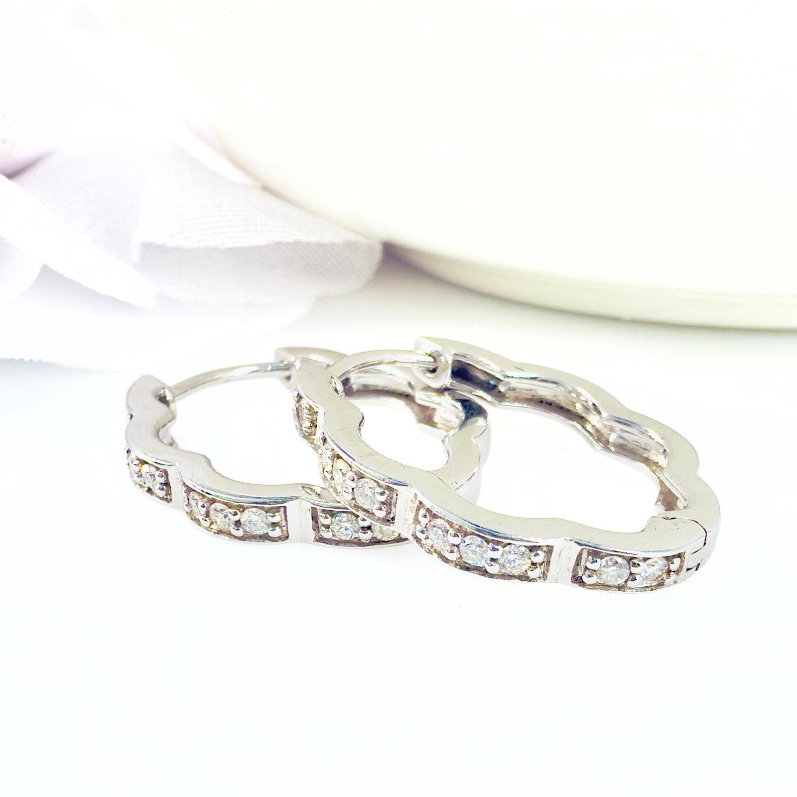 14K White Gold & Genuine Diamond Scalloped Oval Hoop Earrings, New