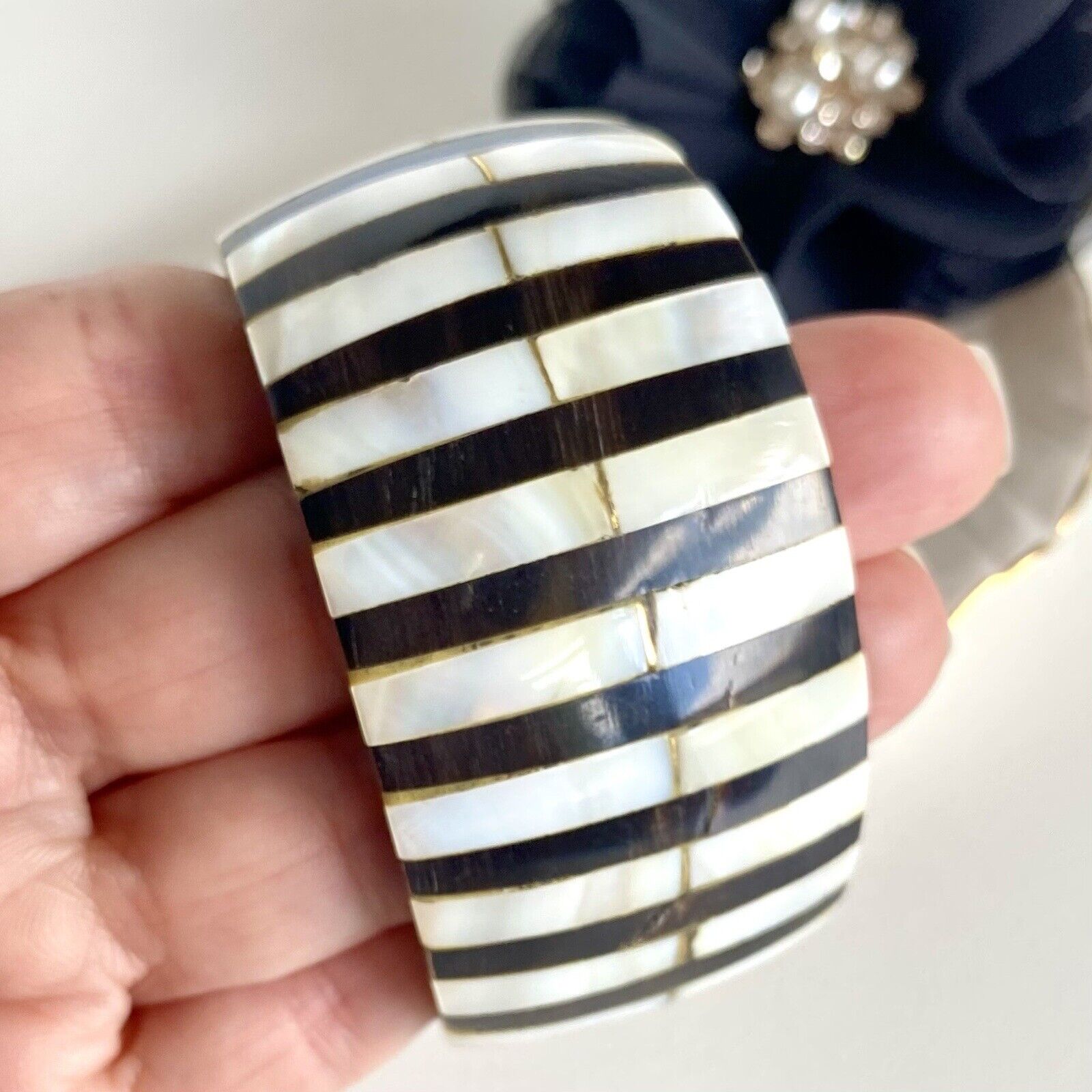 Vintage Mother of Pearl & Horn Inlay Bohemian Cuff Bracelet, Small