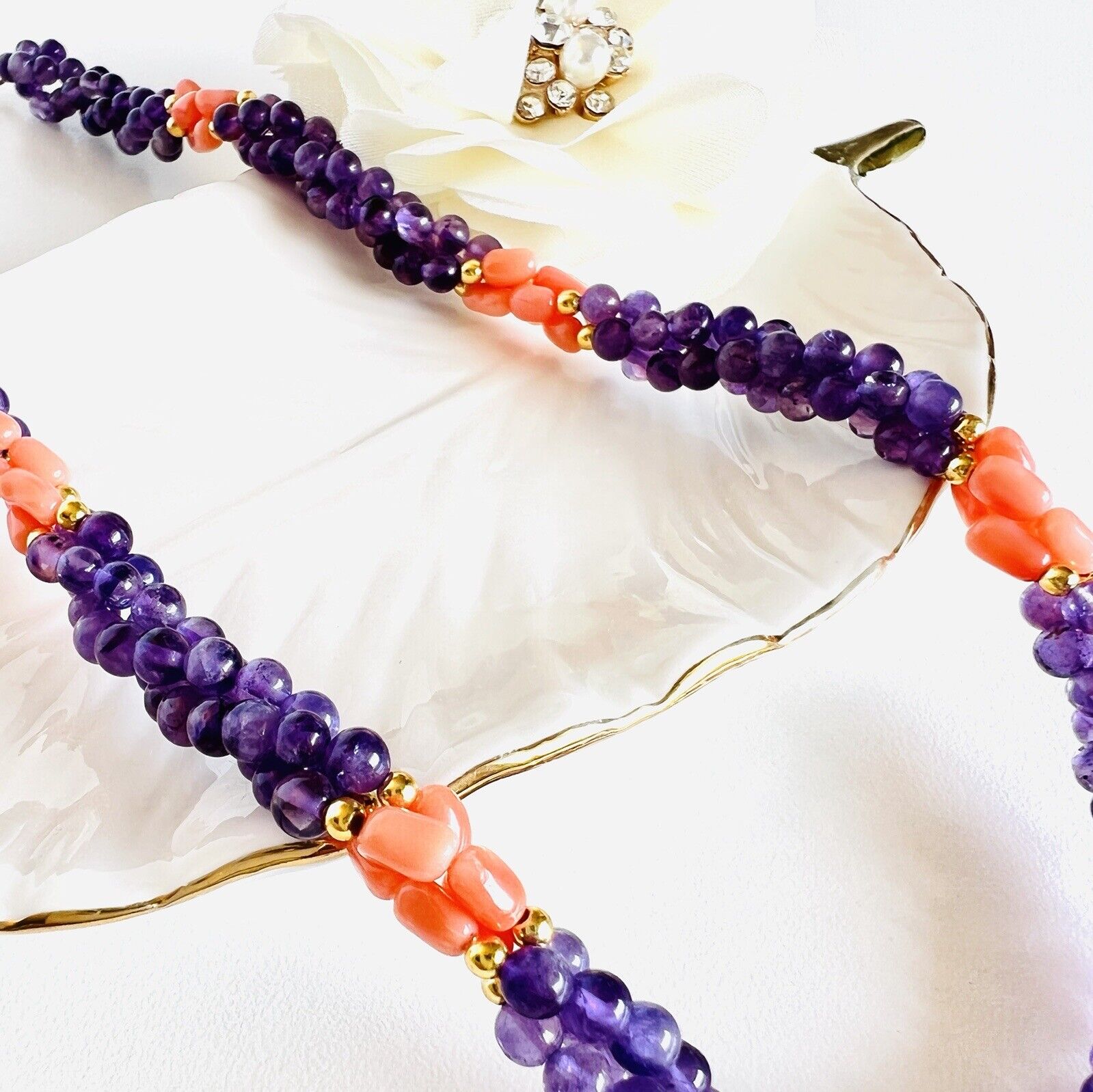 Vintage Beautiful Genuine Salmon Coral & Amethyst Woven Rope Necklace 18 inches