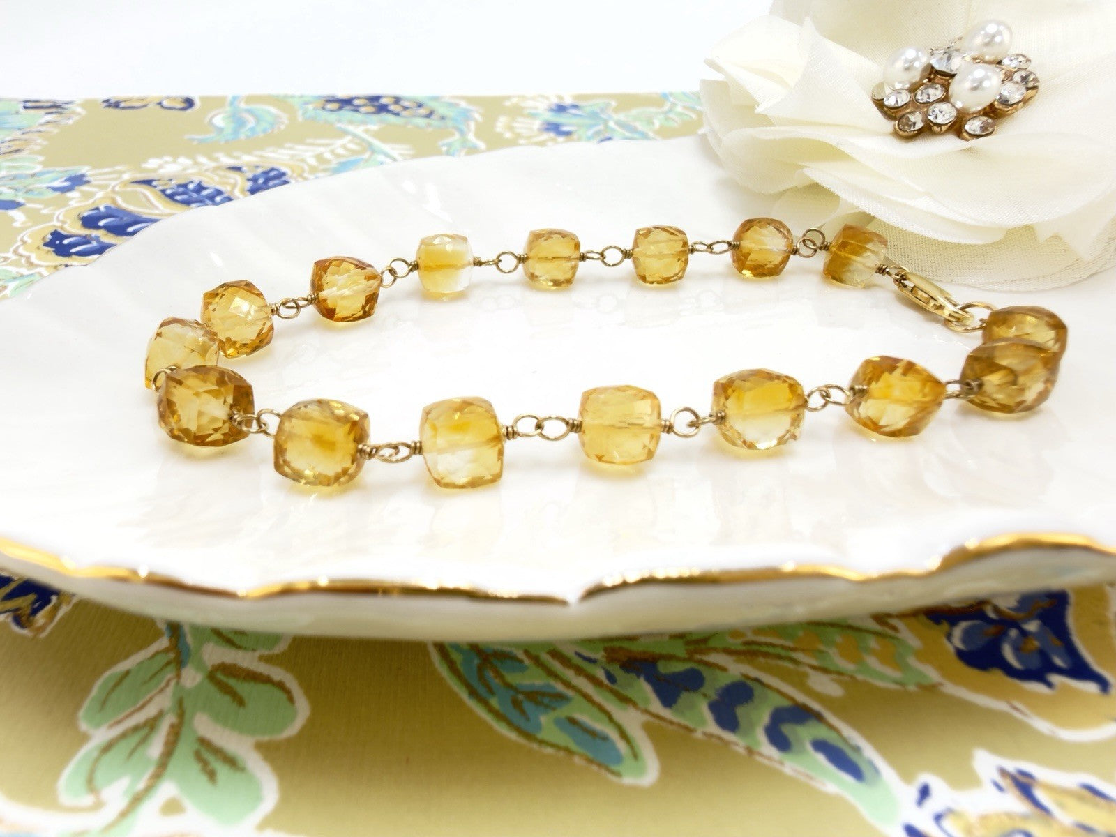 14k Yellow Gold Genuine Citrine Cube Handcrafted Bracelet, 8.25"
