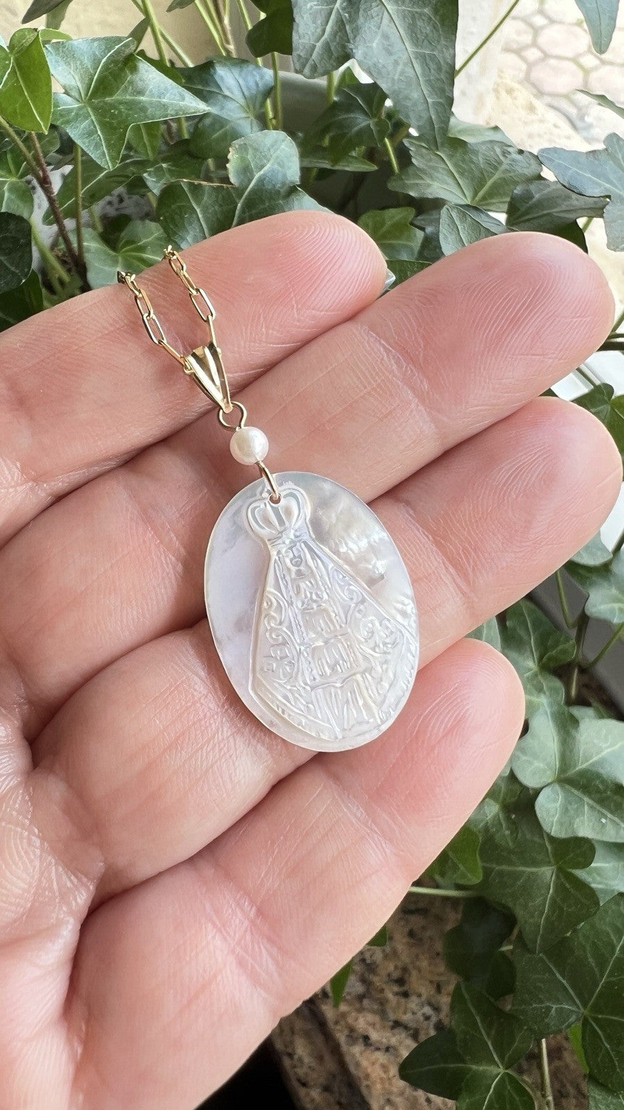 14k Yellow Gold Mother of Pearl Virgen de la Caridad del Cobre Pendant, New