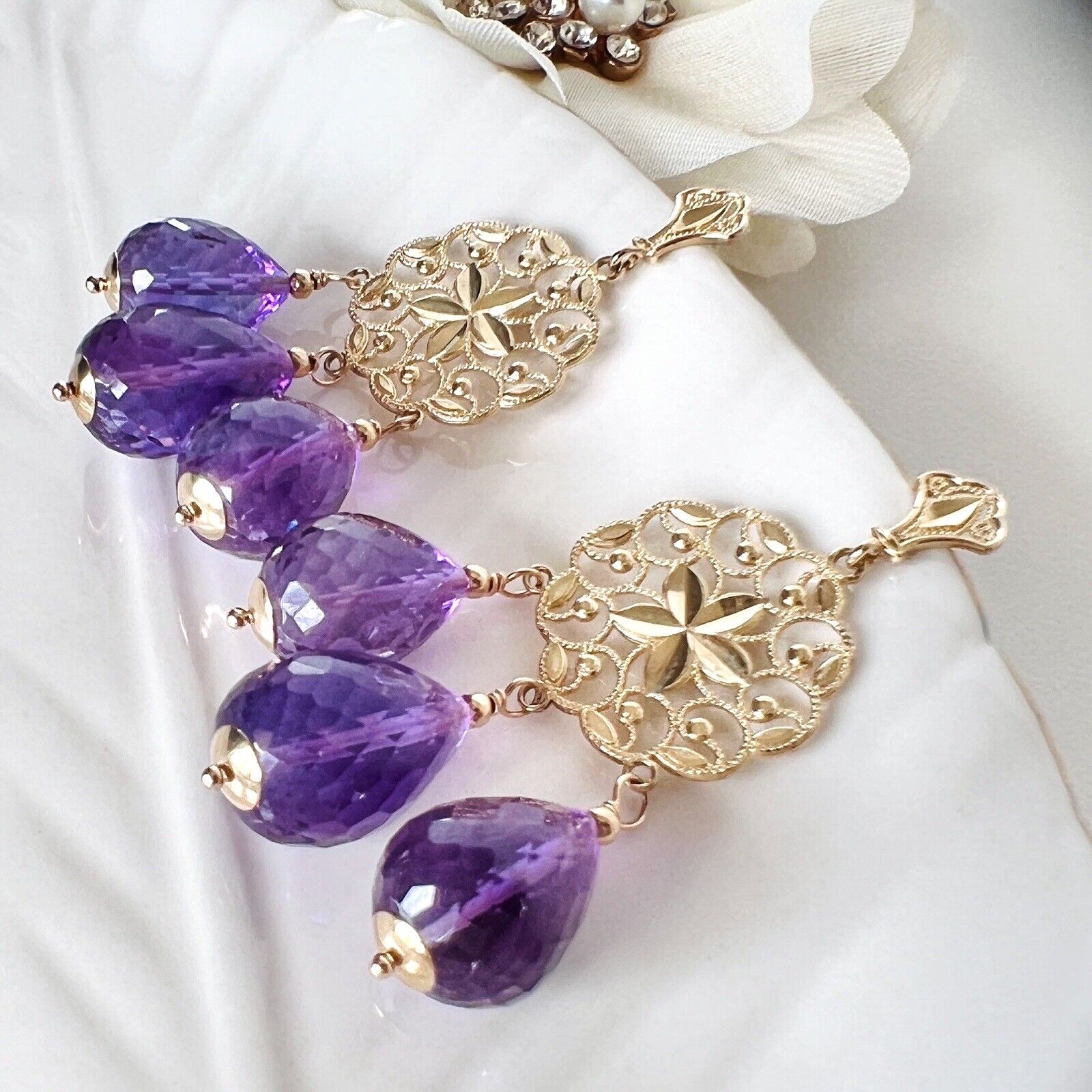 Solid 14k Yellow Gold Genuine Amethyst Briolette Chandelier Earrings, New