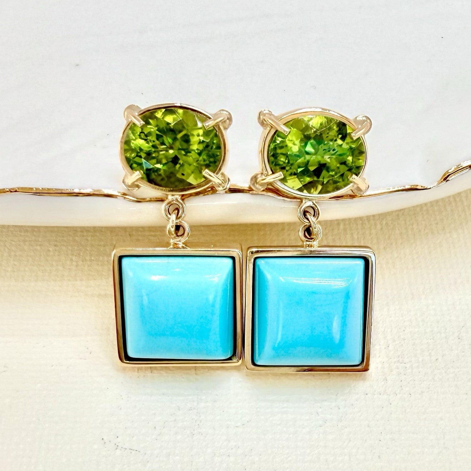 14k Yellow Gold Genuine Peridot & American Turquoise Statement Earrings, New