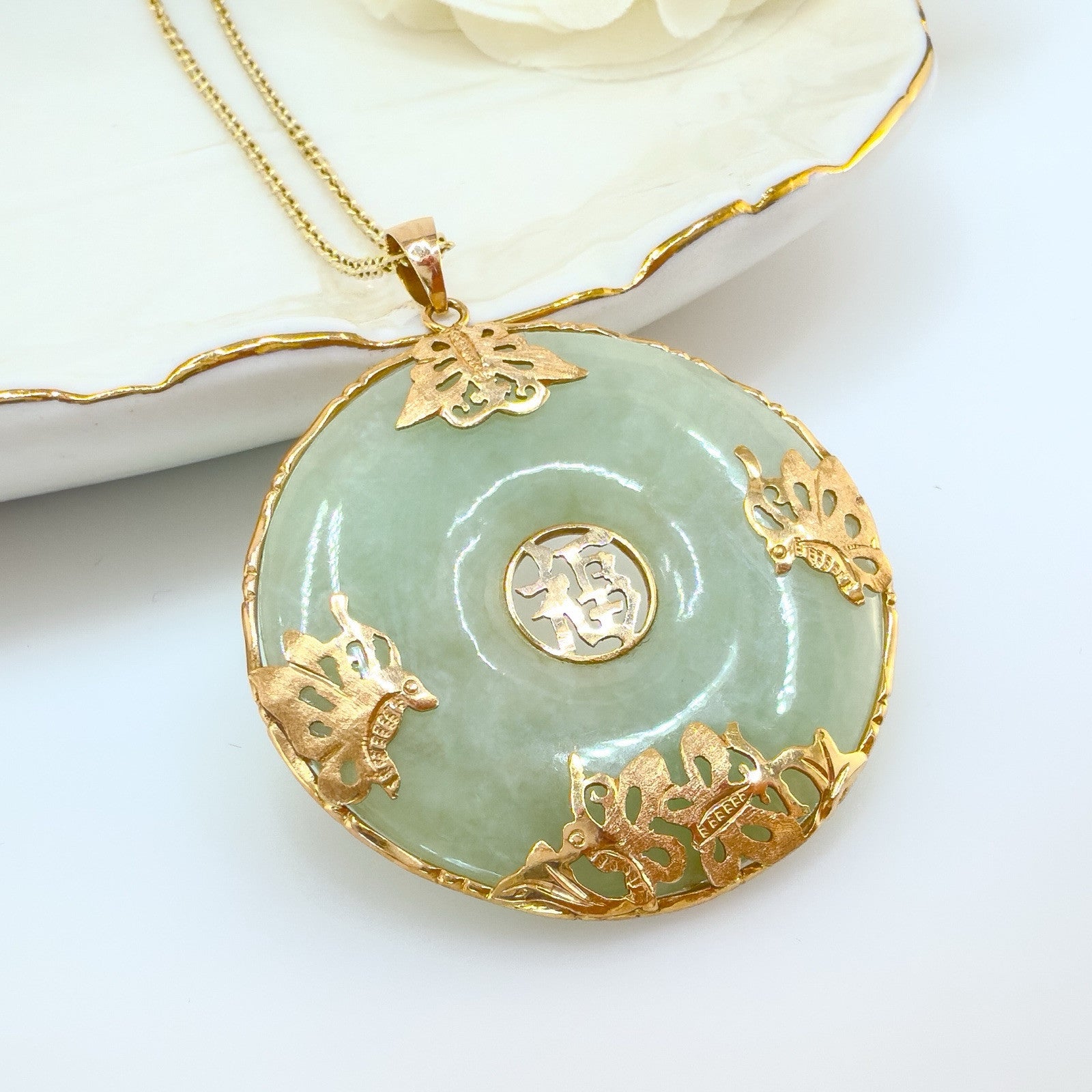 14k Yellow Gold Genuine Apple Green Jadeite Jade Butterfly Luck Pendant