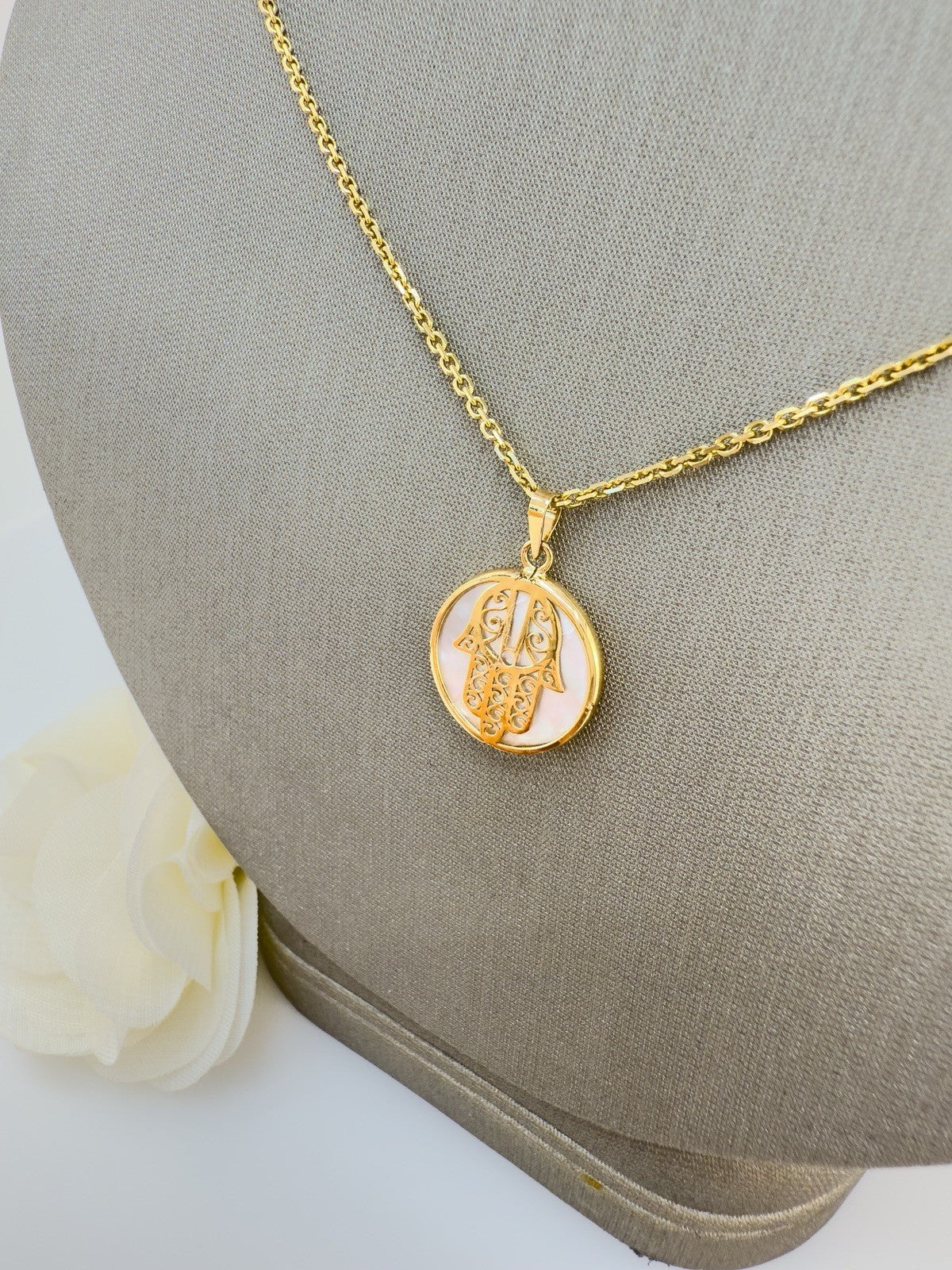 14k Yellow Gold & Genuine Mother of Pearl Hamsa Hand Charm Pendant, New