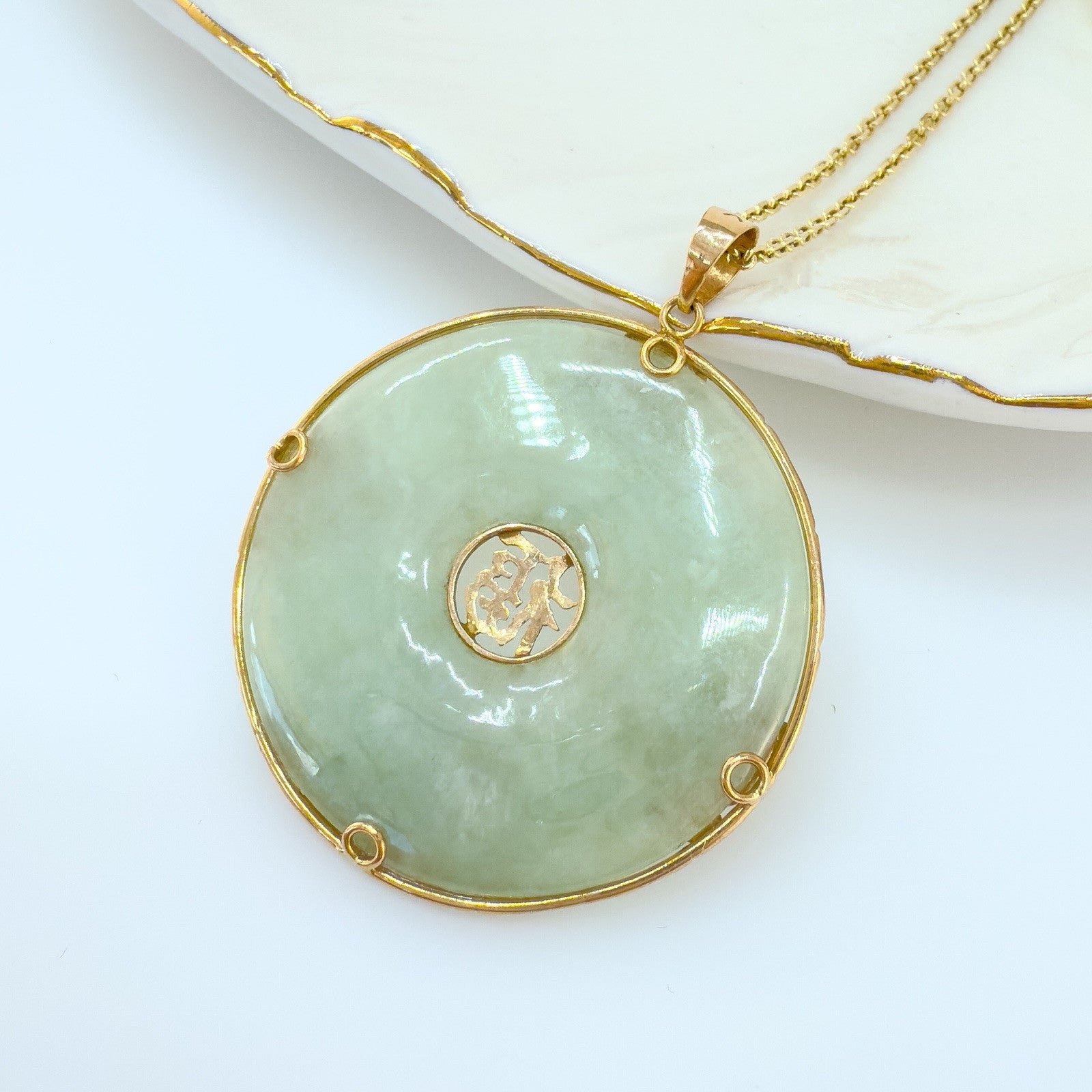 14k Yellow Gold Genuine Apple Green Jadeite Jade Butterfly Luck Pendant