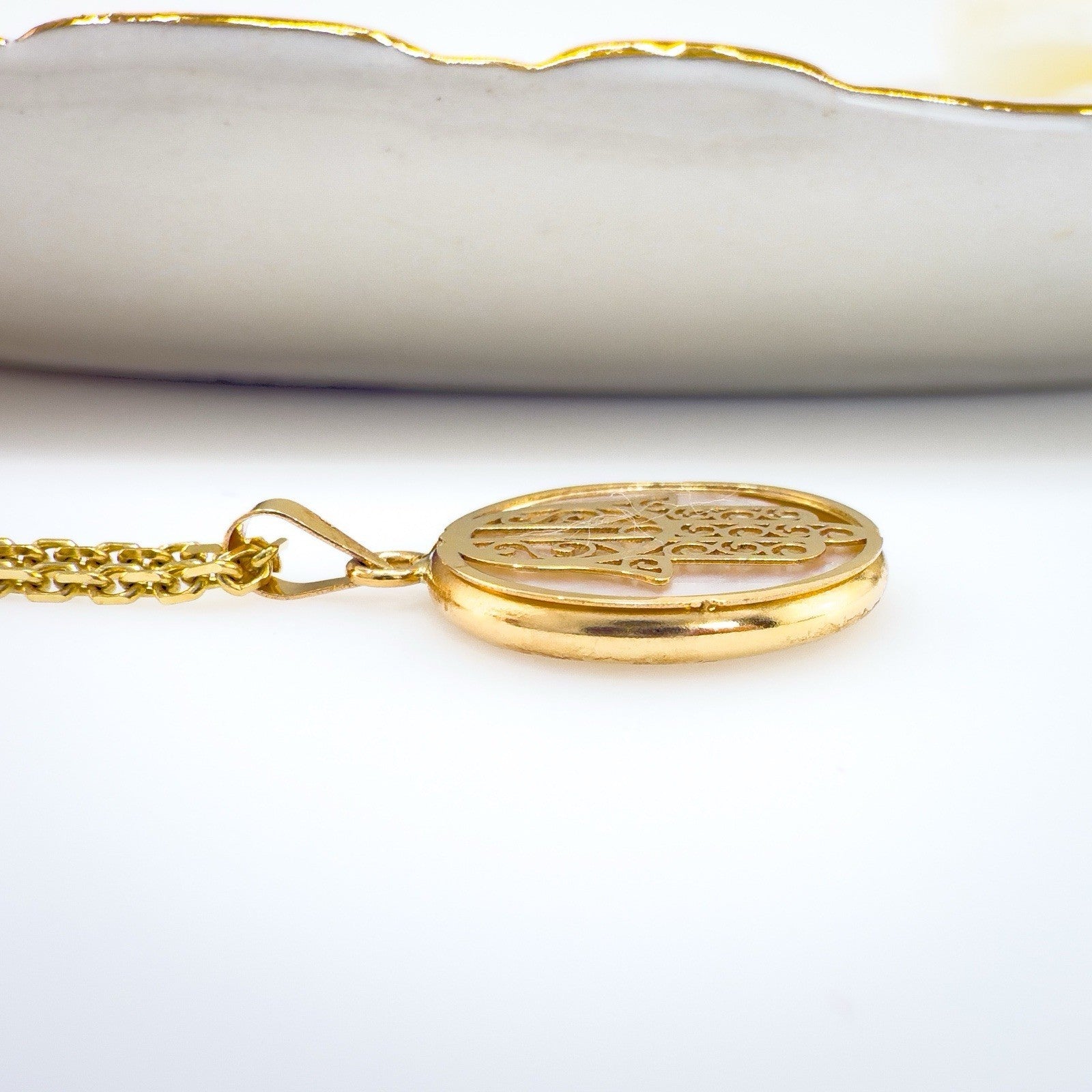 14k Yellow Gold & Genuine Mother of Pearl Hamsa Hand Charm Pendant, New