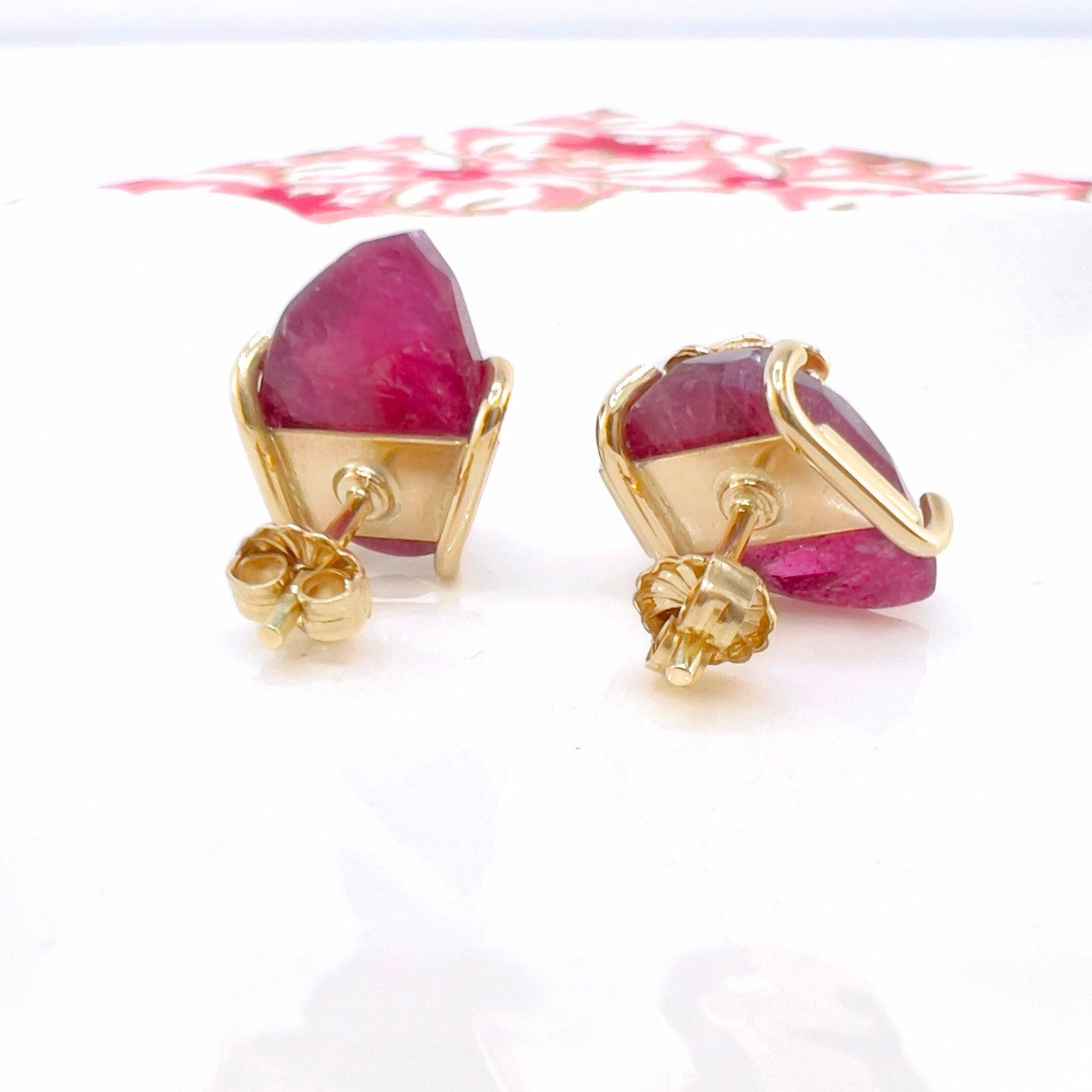 14k Yellow Gold Rose & Tourmaline Stud Earrings, Newly Handcrafted