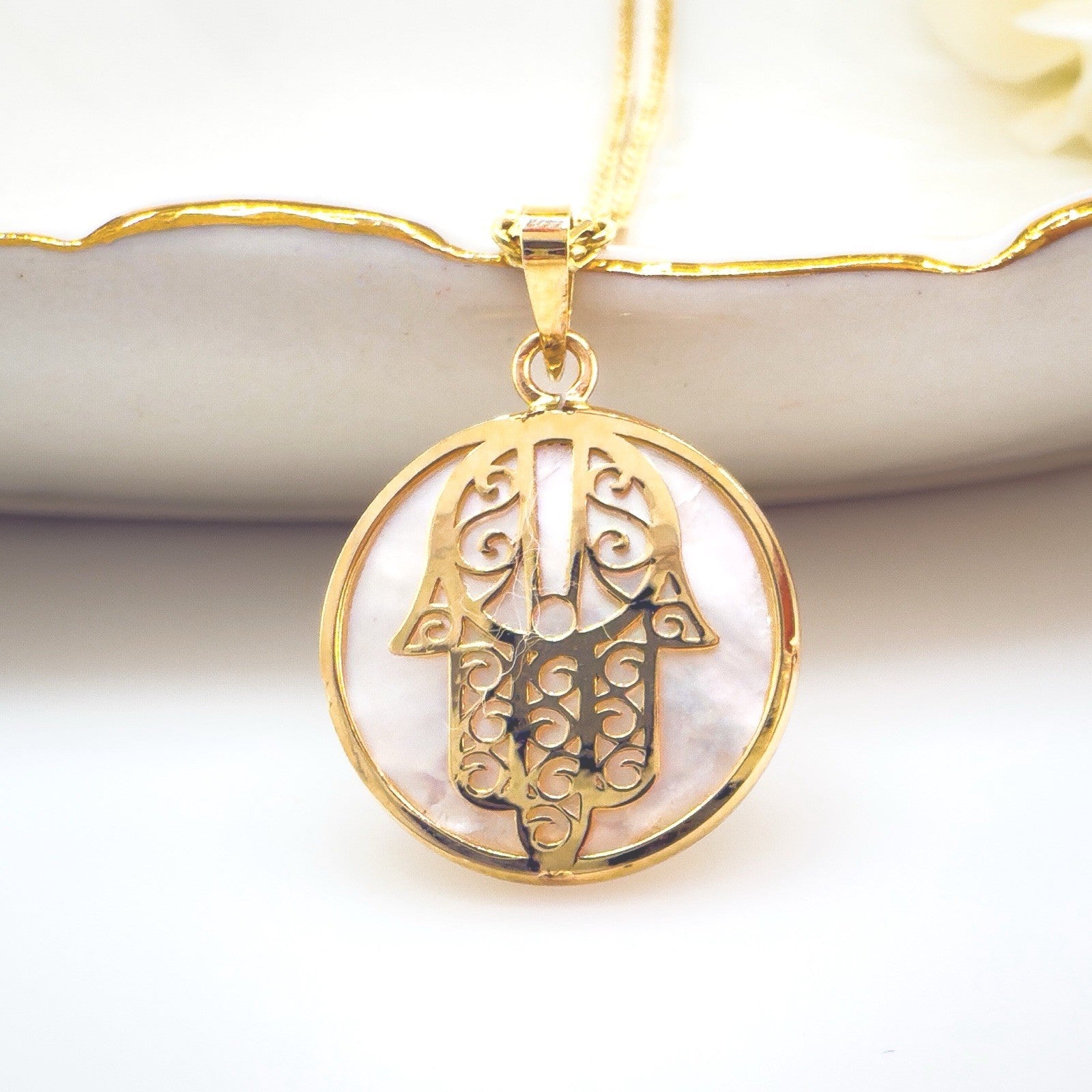 14k Yellow Gold & Genuine Mother of Pearl Hamsa Hand Charm Pendant, New