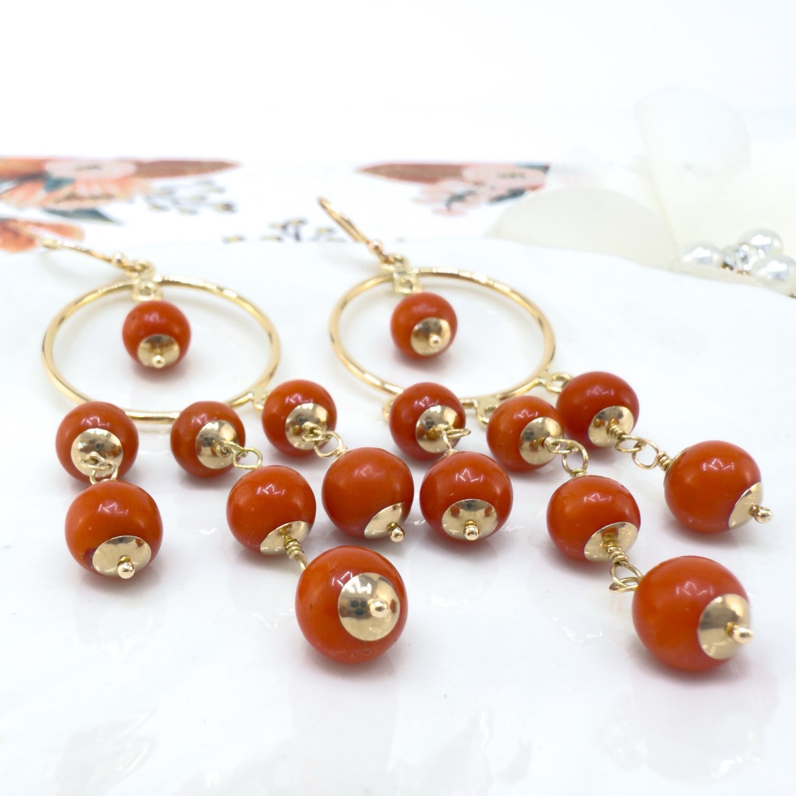14k Yellow Gold Natural Mediterranean Red Coral Chandelier Earrings, Handcrafted
