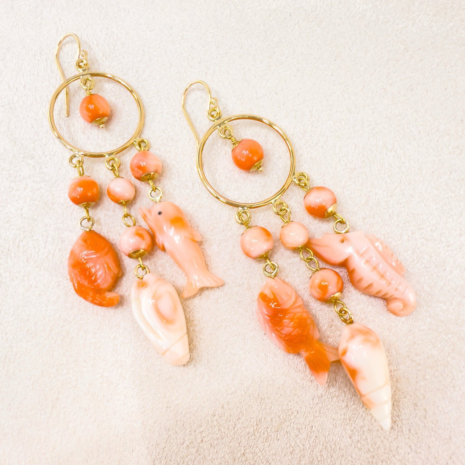 14k Yellow Gold Natural Pink Coral Sealife Chandelier Earrings, Handcrafted