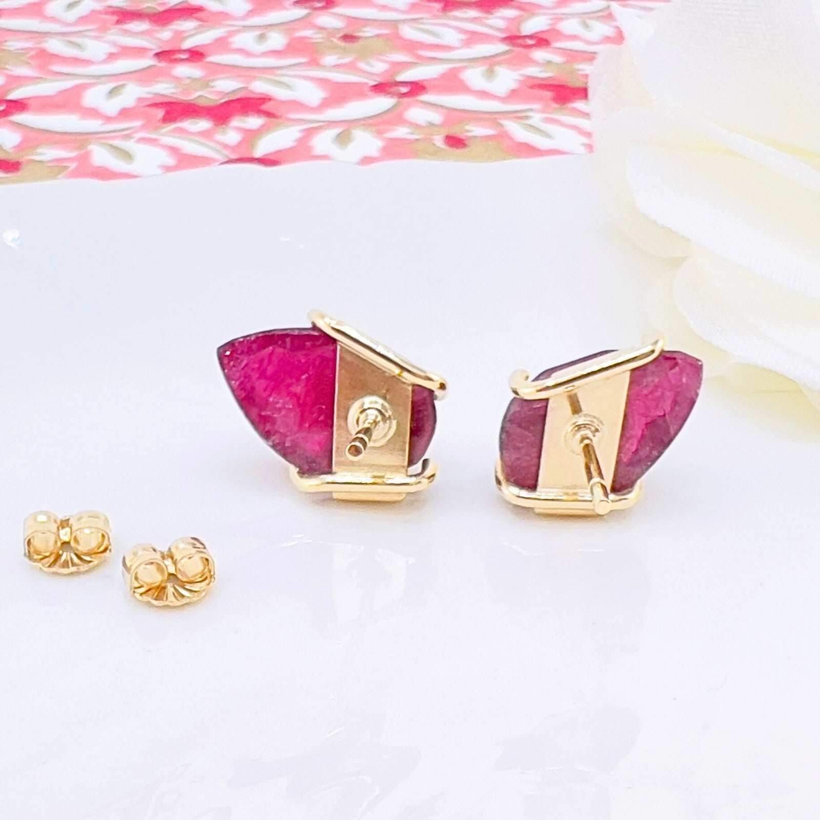 14k Yellow Gold Rose & Tourmaline Stud Earrings, Newly Handcrafted