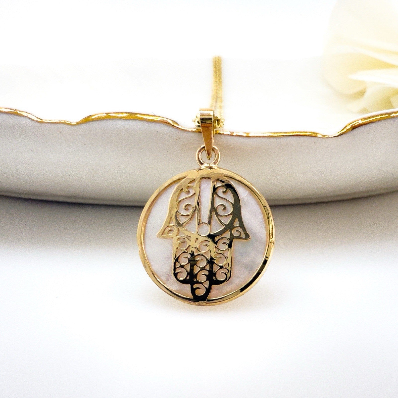 14k Yellow Gold & Genuine Mother of Pearl Hamsa Hand Charm Pendant, New