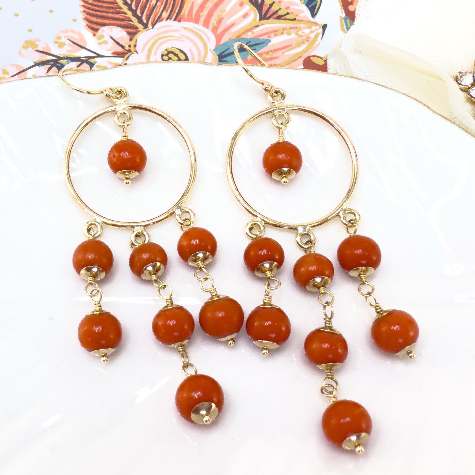 14k Yellow Gold Natural Mediterranean Red Coral Chandelier Earrings, Handcrafted