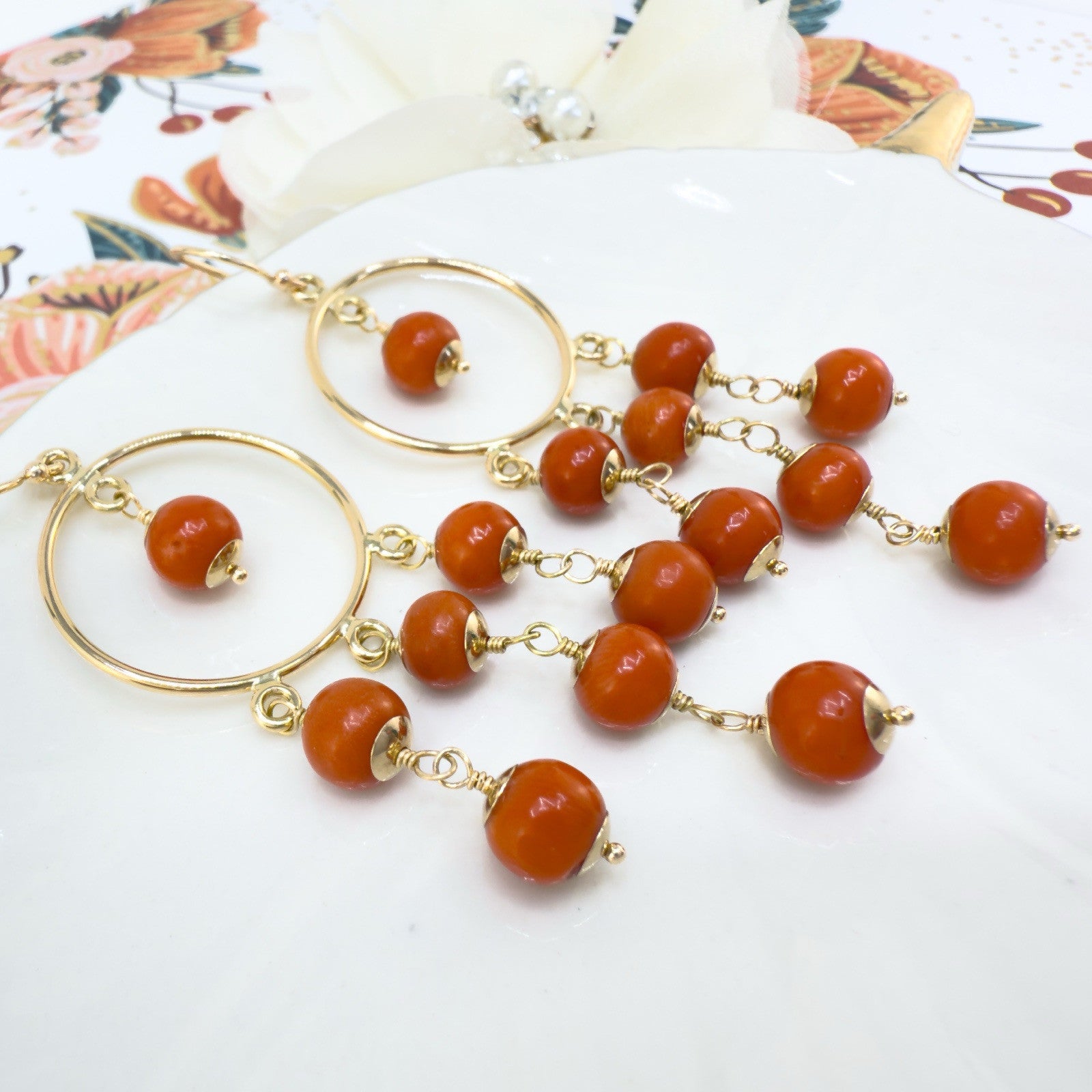 14k Yellow Gold Natural Mediterranean Red Coral Chandelier Earrings, Handcrafted