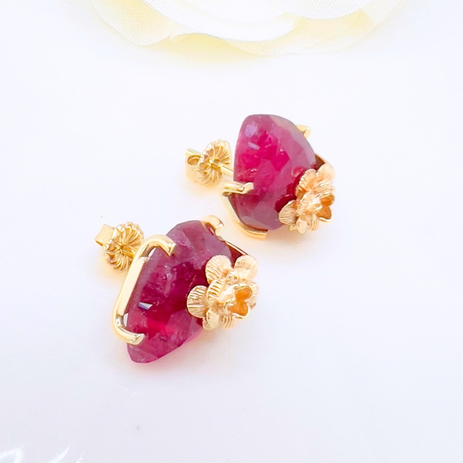 14k Yellow Gold Rose & Tourmaline Stud Earrings, Newly Handcrafted