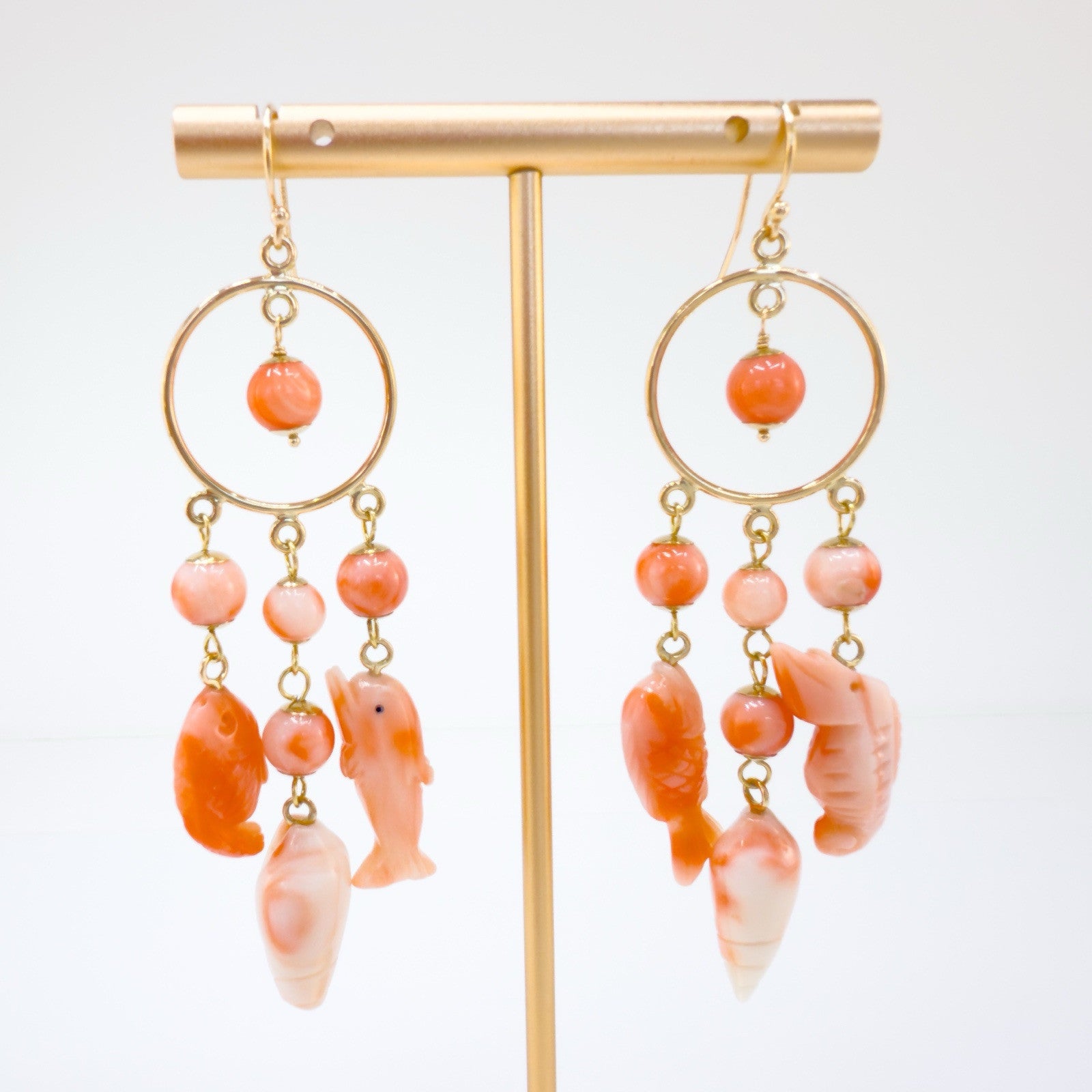 14k Yellow Gold Natural Pink Coral Sealife Chandelier Earrings, Handcrafted