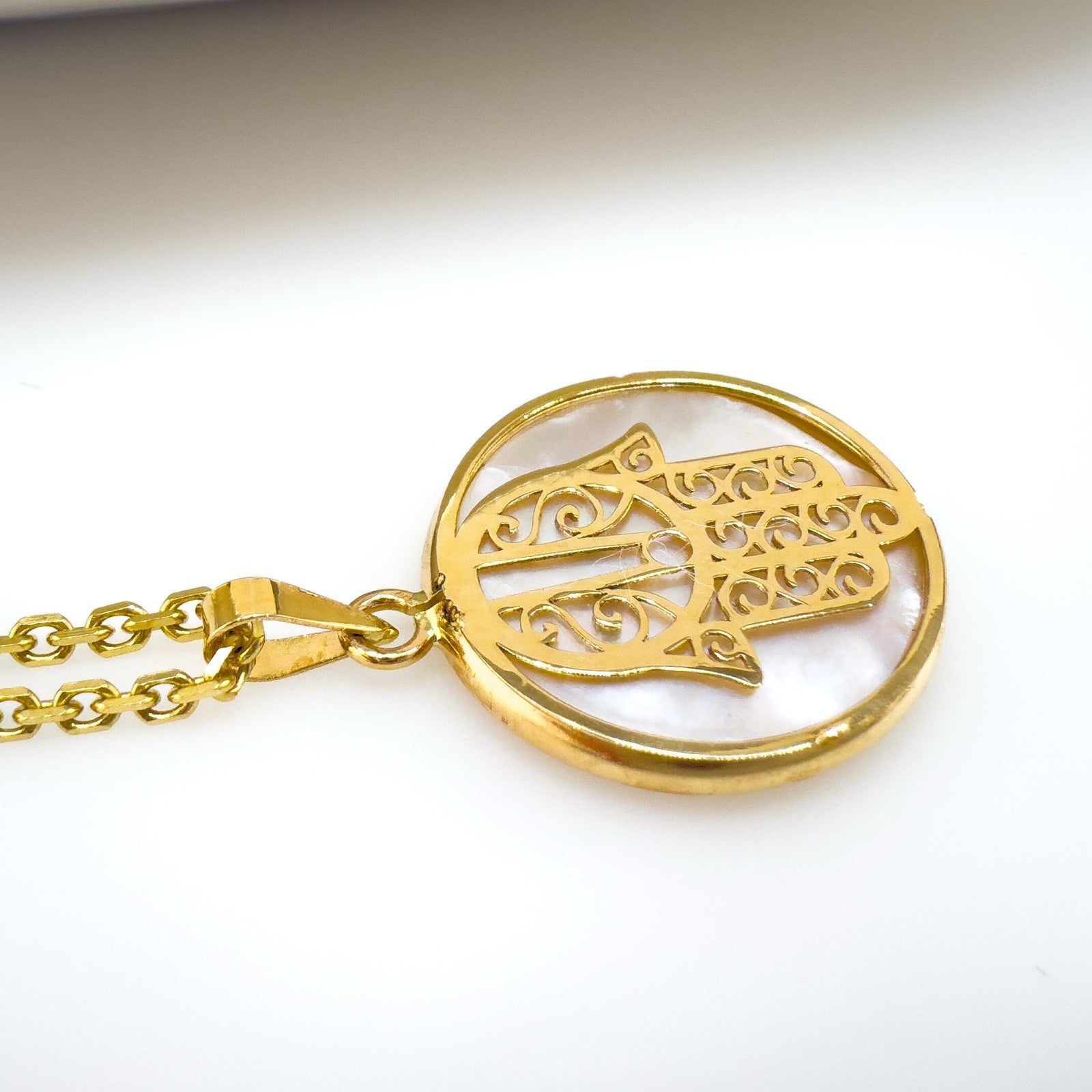 14k Yellow Gold & Genuine Mother of Pearl Hamsa Hand Charm Pendant, New