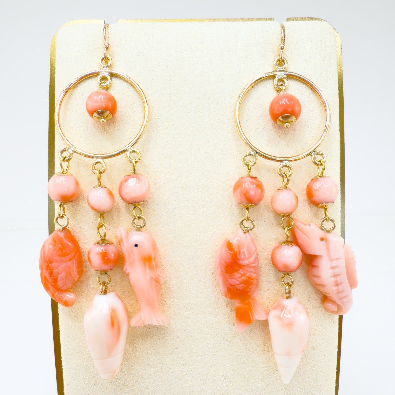 14k Yellow Gold Natural Pink Coral Sealife Chandelier Earrings, Handcrafted