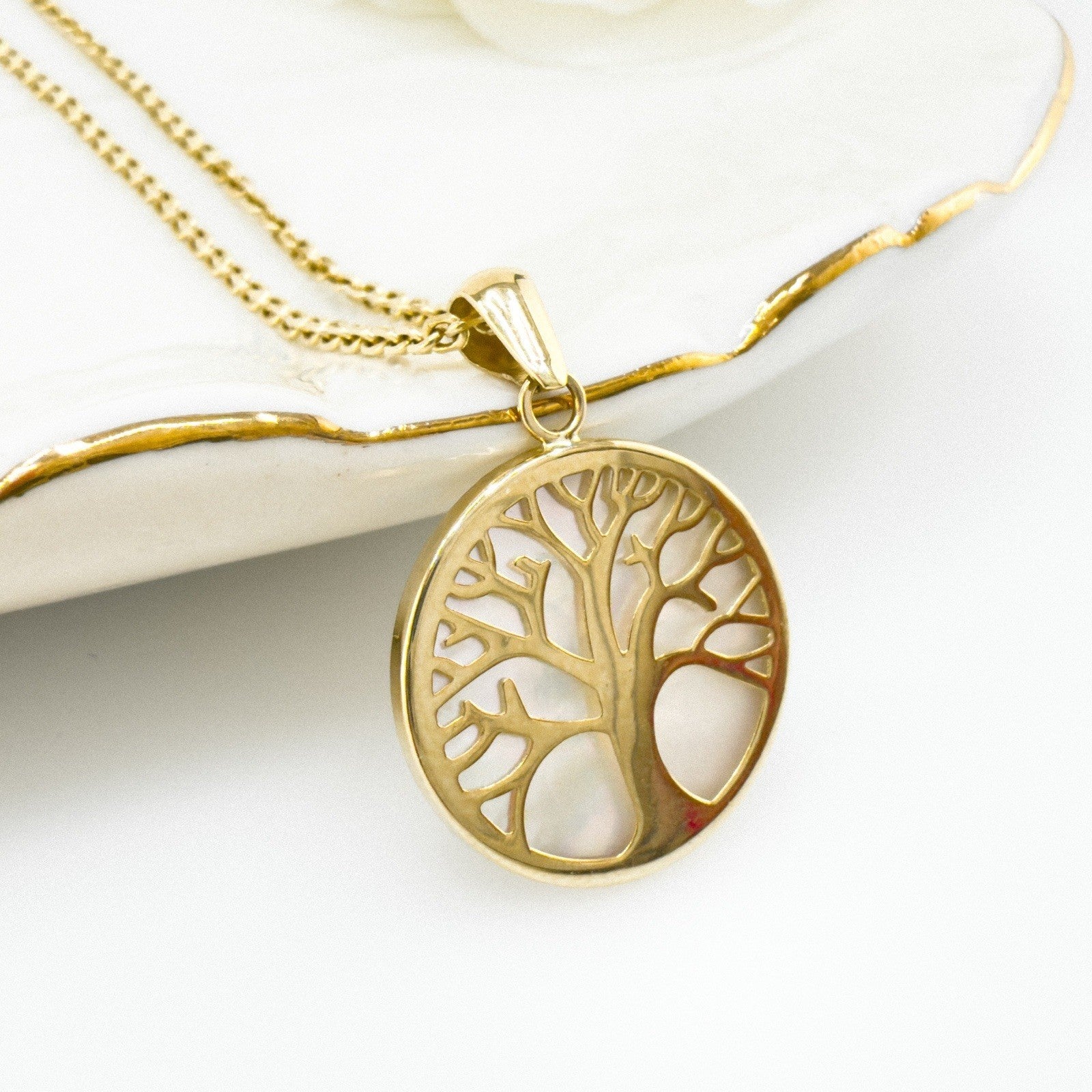 14k Yellow Gold & Genuine Mother of Pearl Tree of Life Charm Pendant, New