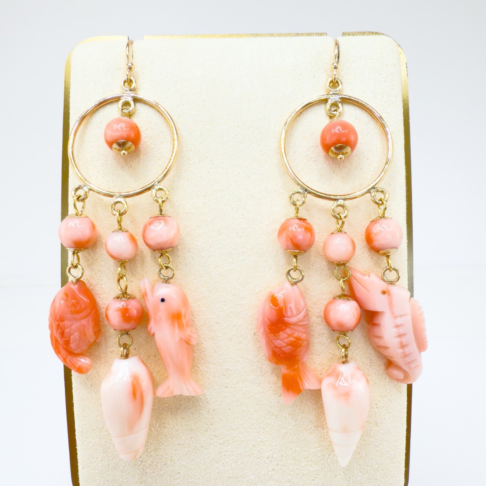 14k Yellow Gold Natural Pink Coral Sealife Chandelier Earrings, Handcrafted