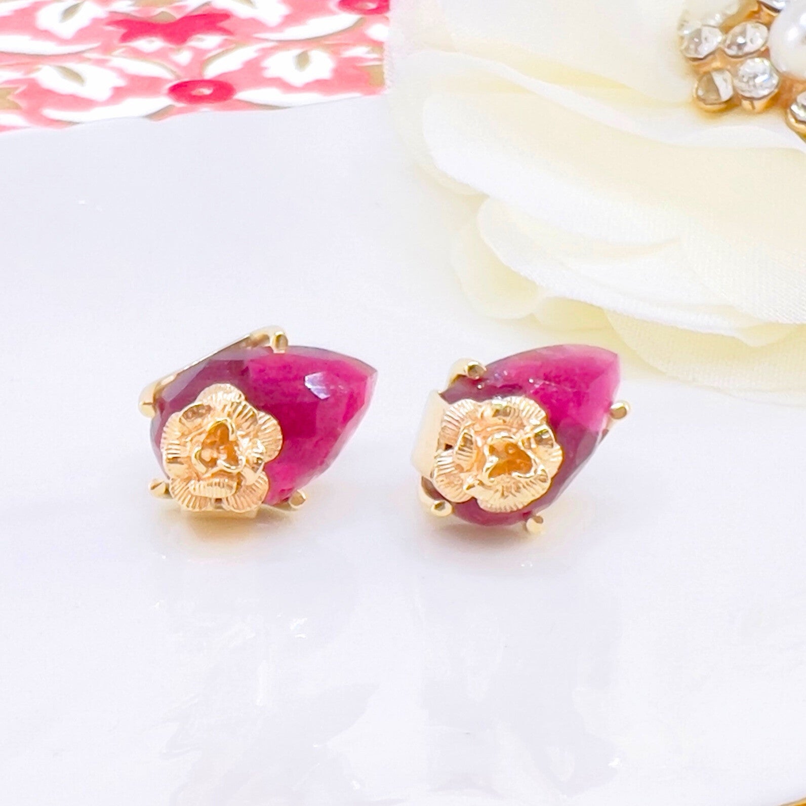 14k Yellow Gold Rose & Tourmaline Stud Earrings, Newly Handcrafted