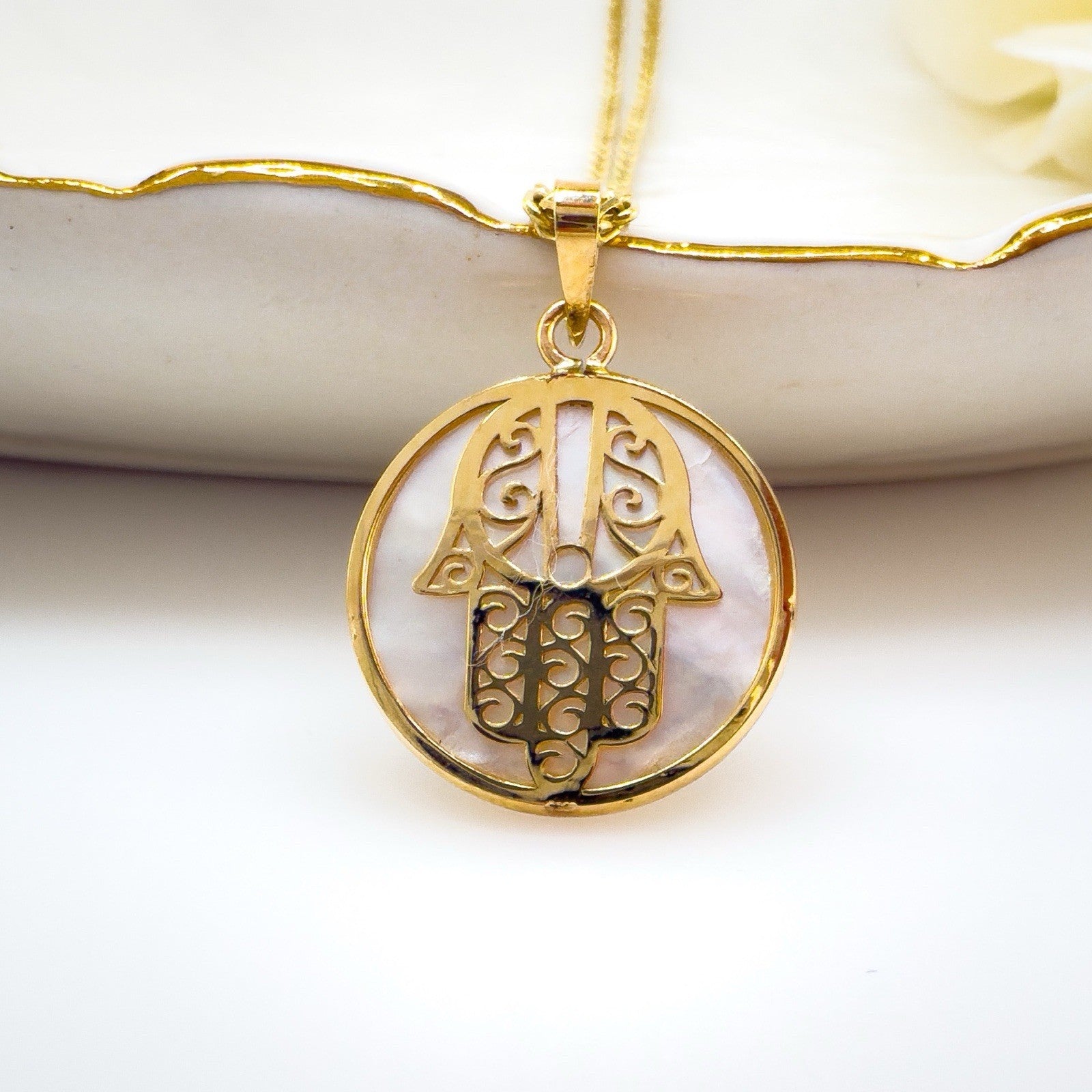 14k Yellow Gold & Genuine Mother of Pearl Hamsa Hand Charm Pendant, New