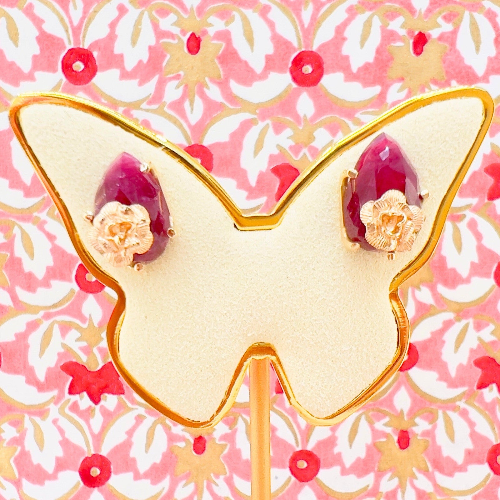 14k Yellow Gold Rose & Tourmaline Stud Earrings, Newly Handcrafted